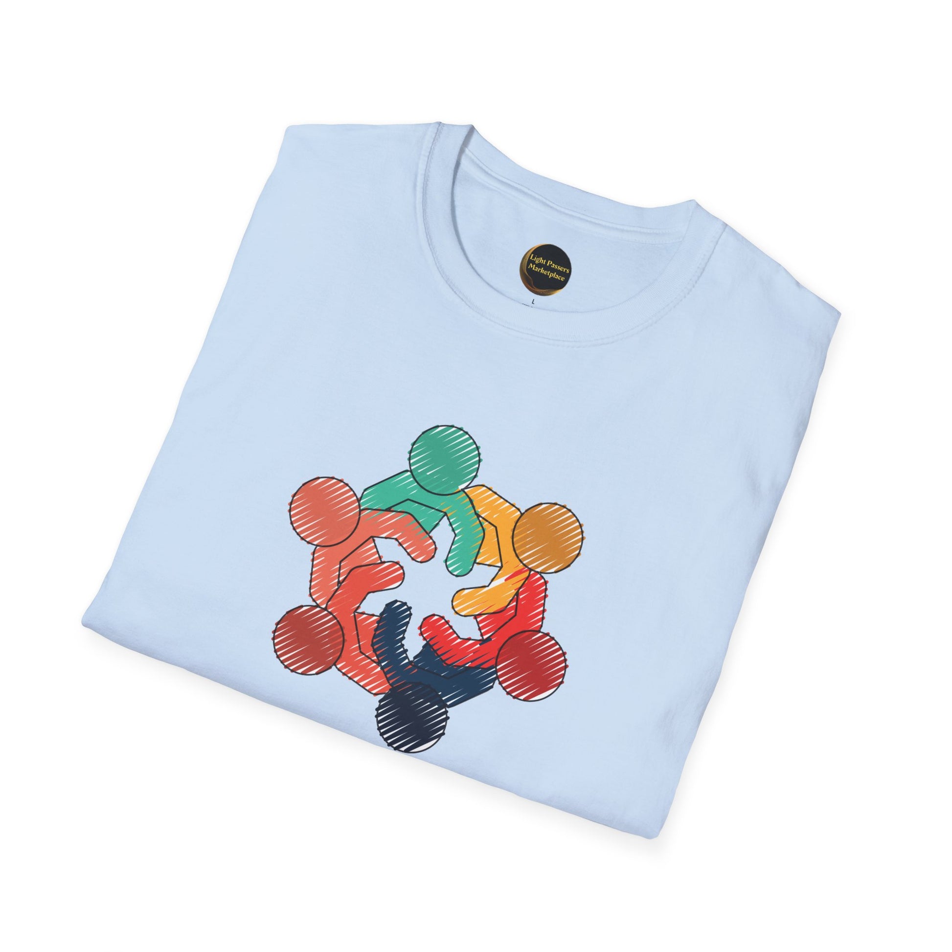 Teams Love and Peace Change Makers Unite Adult Unisex T-Shirt, folded, with colorful graphic of figures holding hands in a circle, promoting unity and positivity.