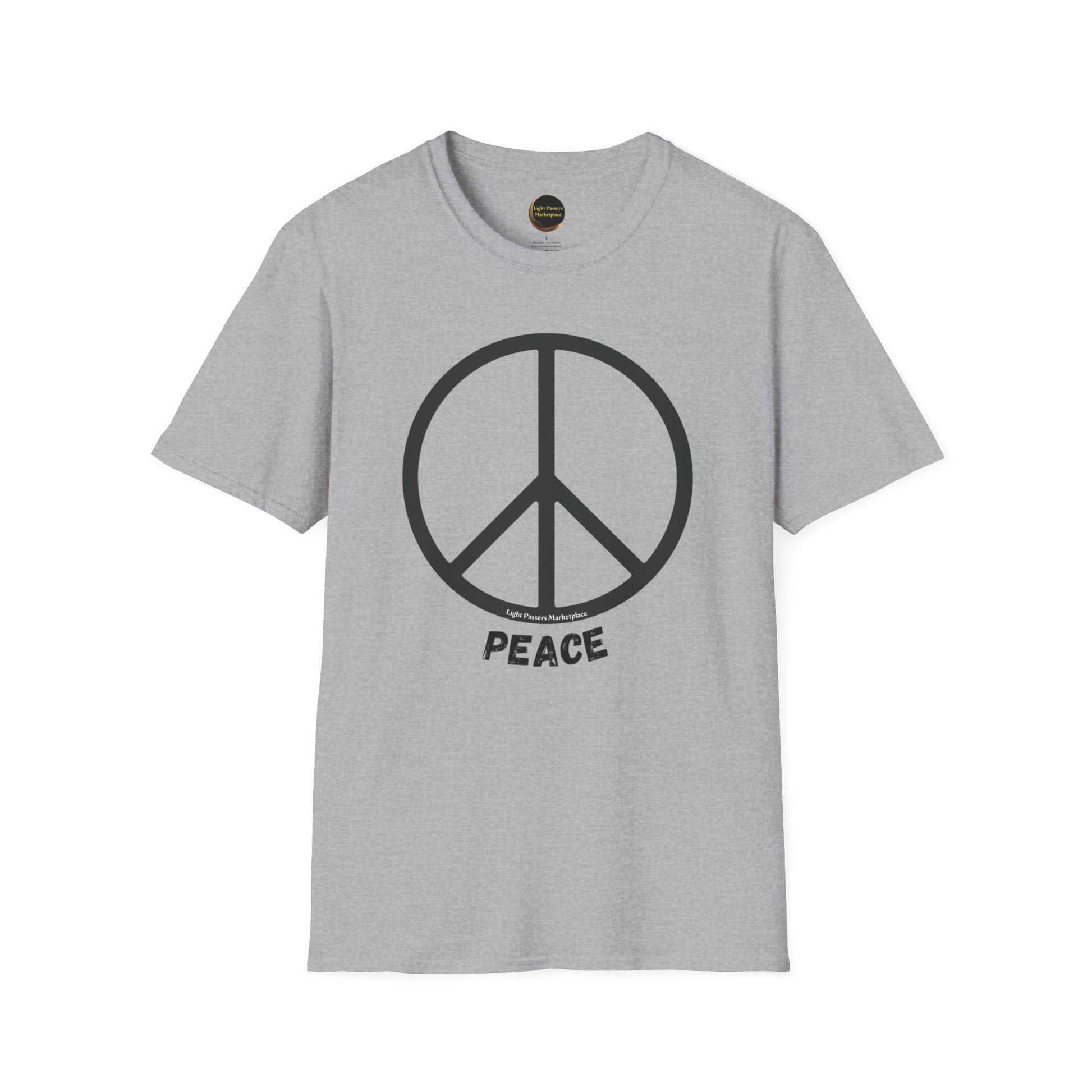 A grey unisex t-shirt featuring a peace symbol in black or white. Made of soft 100% cotton with twill tape shoulders for durability and ribbed collar. Ethically sourced and Oeko-Tex certified.