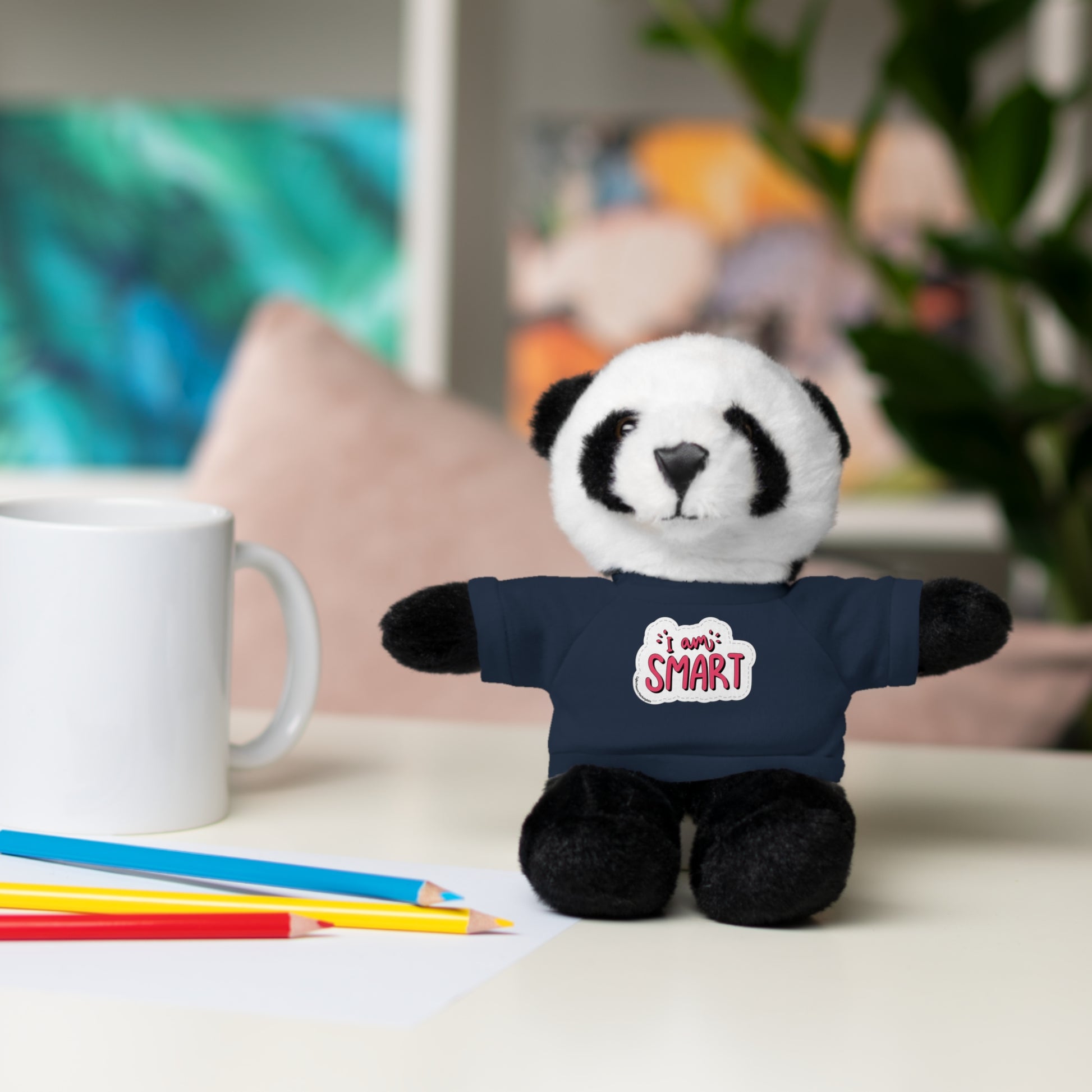 Cool Stuff Stuffies: Six plush animals with 'I am Smart' T-shirts, ideal for kids who love cuddly educational toys. Includes Bear, Sheep, Bunny, Jaguar, Panda, and Lion.