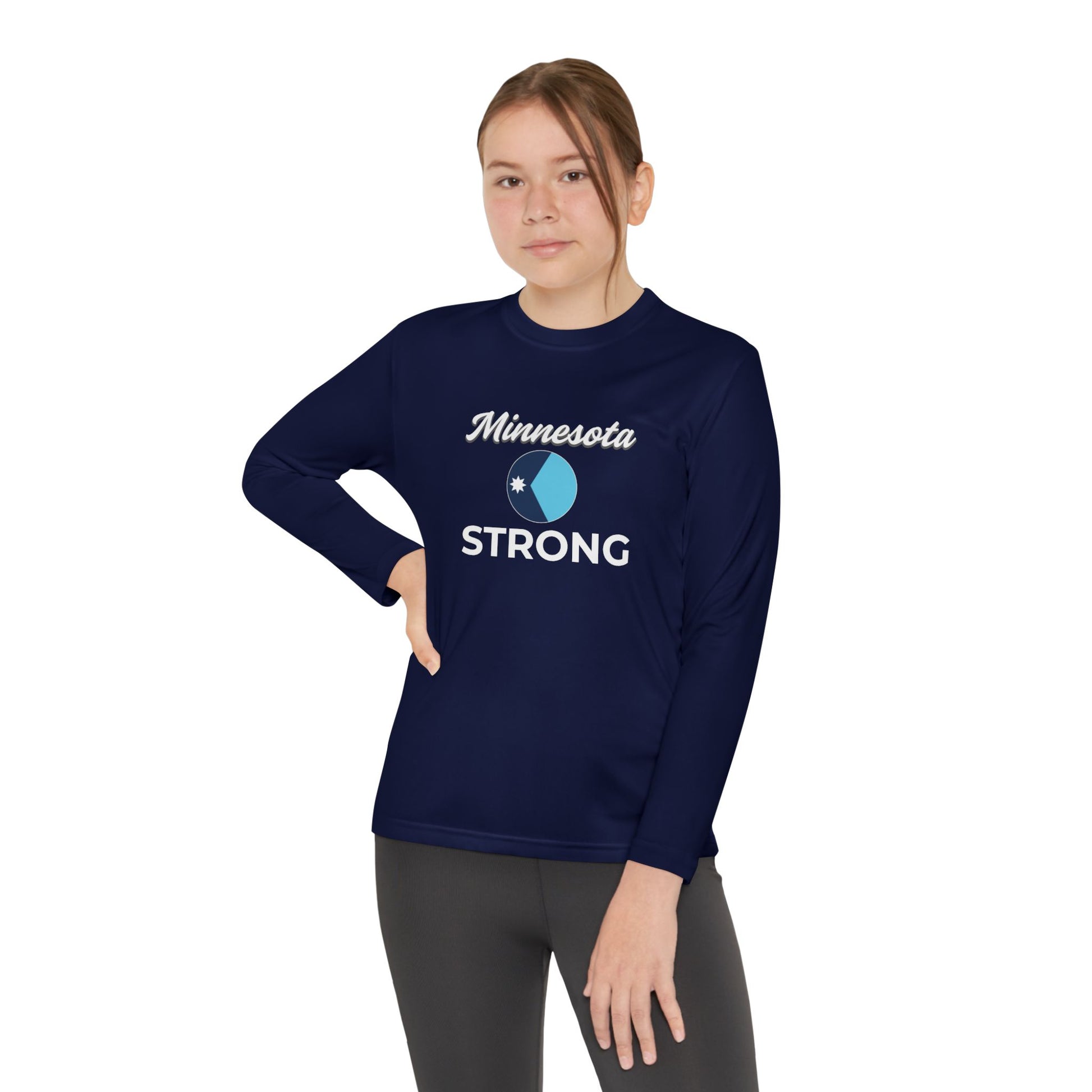 Youth model in navy “Minnesota Strong” long-sleeve tee, featuring athletic fit and motivational graphics, embodying community pride and active spirit.