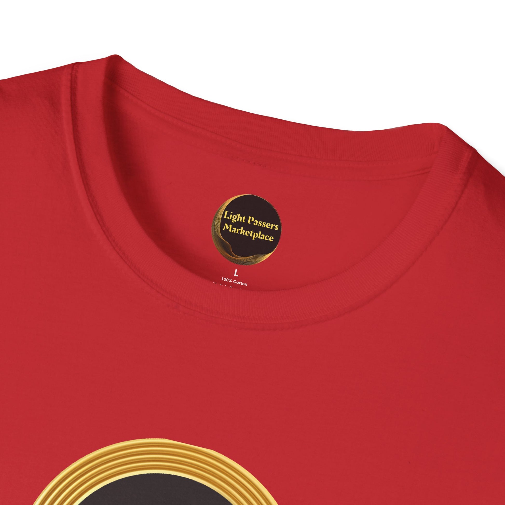 Red crew-neck T-shirt with Light Passers Marketplace label, size L. Features a gold circular graphic and unity message for adults. Made from 100% cotton.