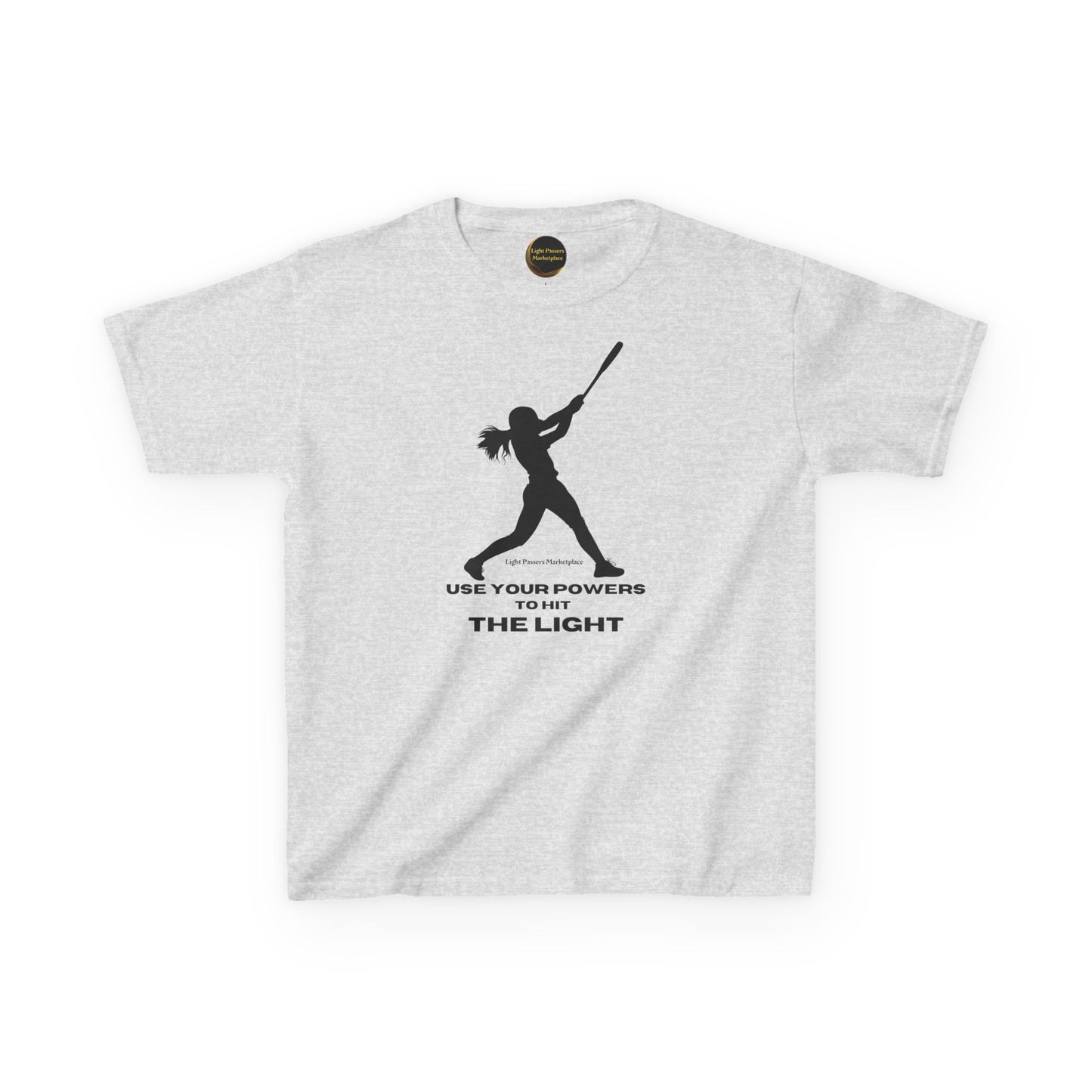 Youth Teams Hit the Light T-shirt with black silhouette of a swinging woman and motivational text, crafted from durable cotton, emphasizing everyday use and comfort.