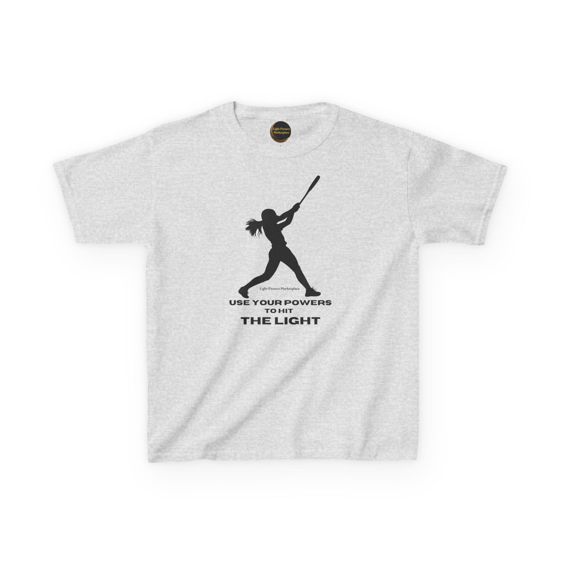 Youth Teams Hit the Light T-shirt with black silhouette of a swinging woman and motivational text, crafted from durable cotton, emphasizing everyday use and comfort.