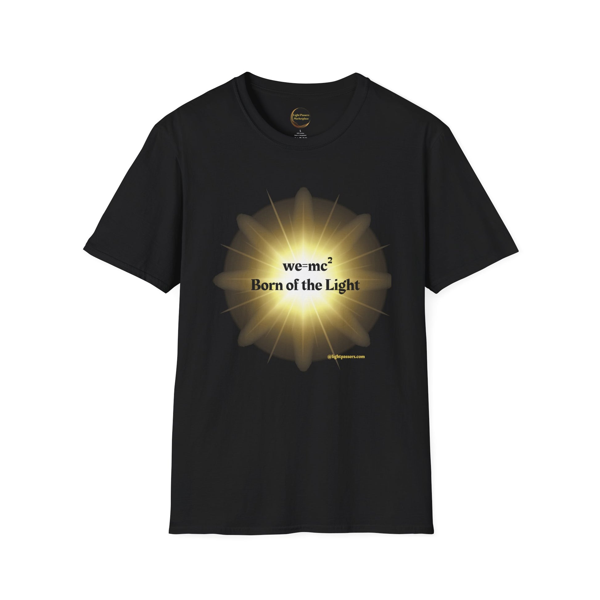 The Light 'we=mc2 Born of the Light' Adult Unisex T-Shirt featuring a yellow sunburst design on a black fabric.