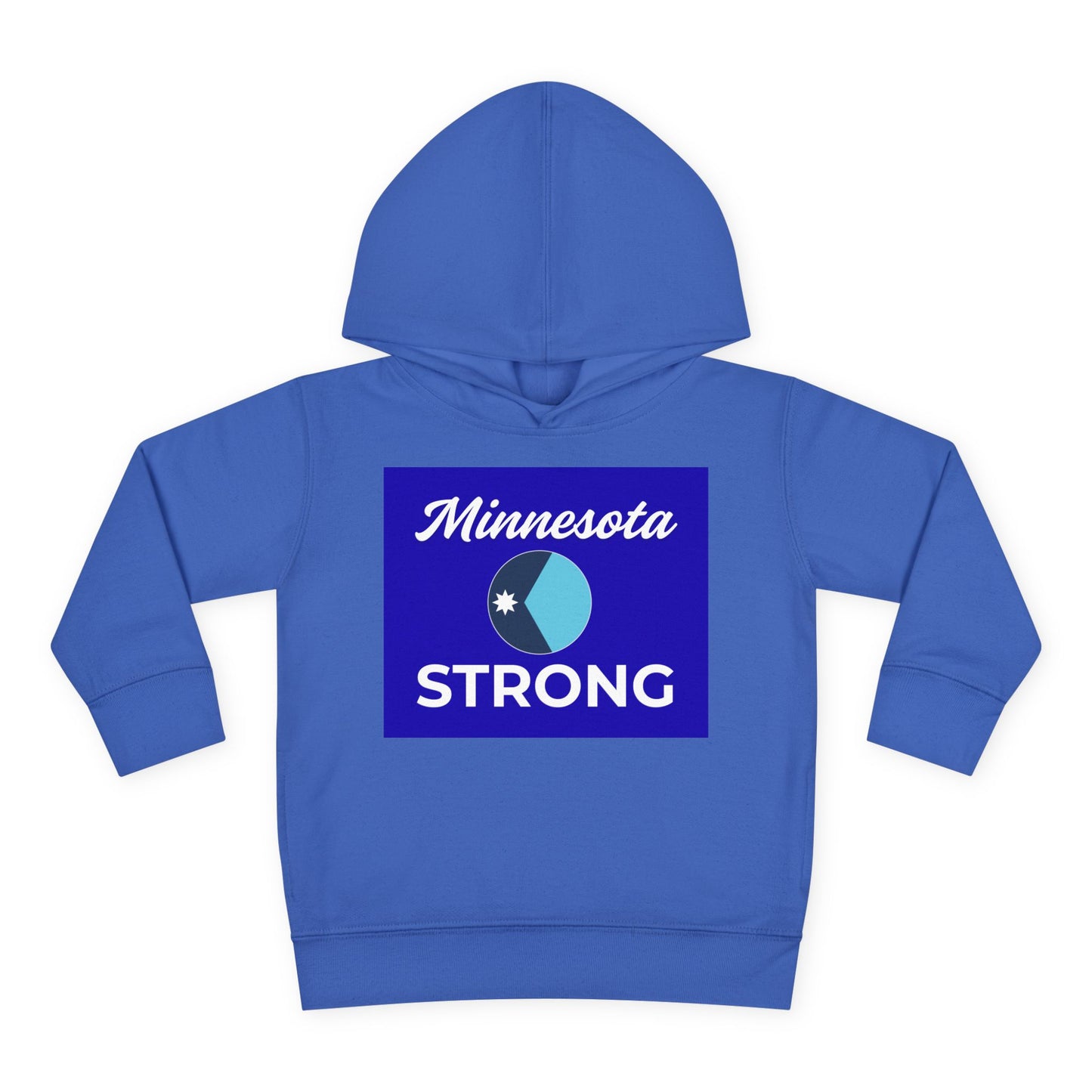 Toddler Hoodie — Minnesota Strong Blue State Pride Pullover, features a cozy fleece with Minnesota script and split-circle graphic, perfect for warmth and style.