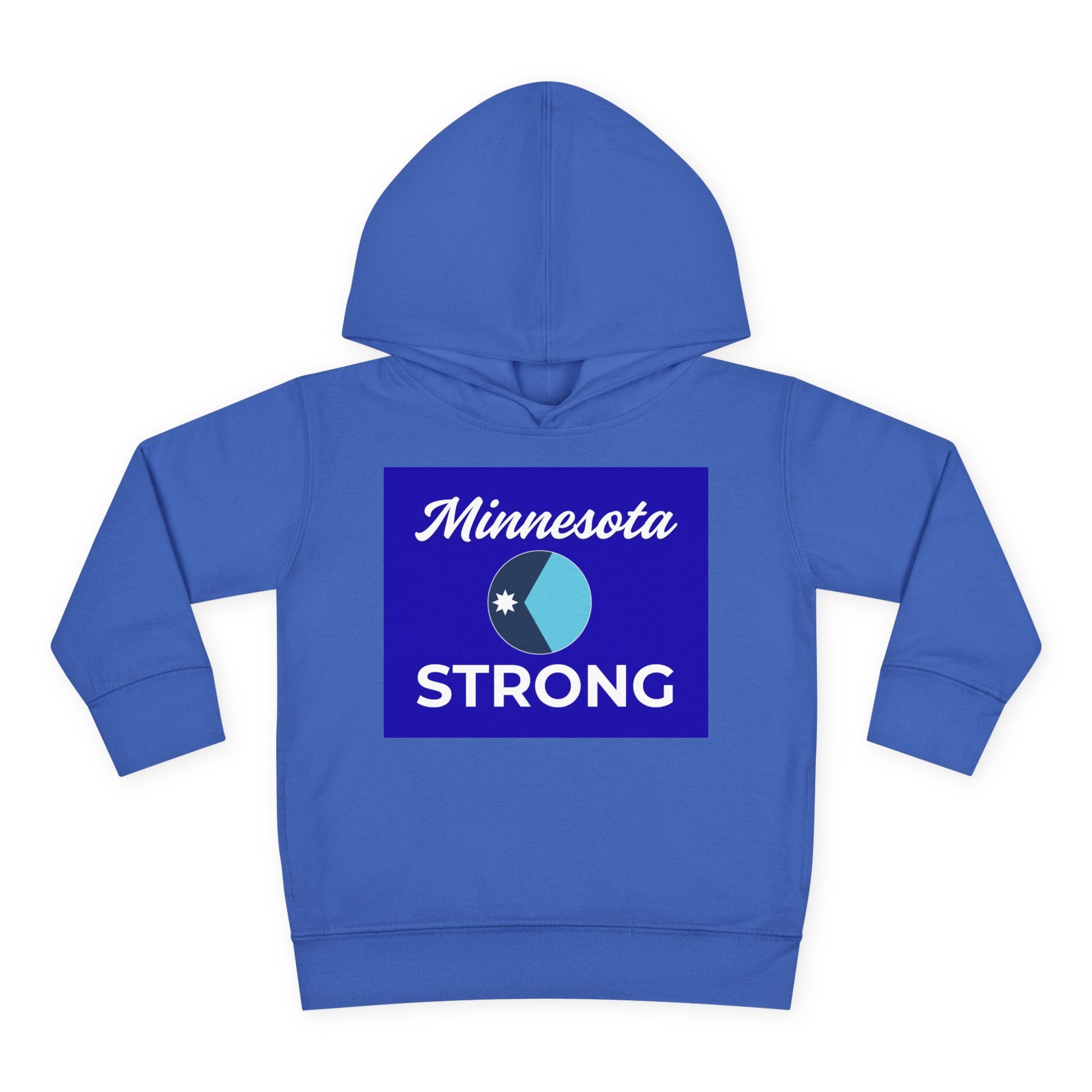 Toddler Hoodie — Minnesota Strong Blue State Pride Pullover, features a cozy fleece with Minnesota script and split-circle graphic, perfect for warmth and style.