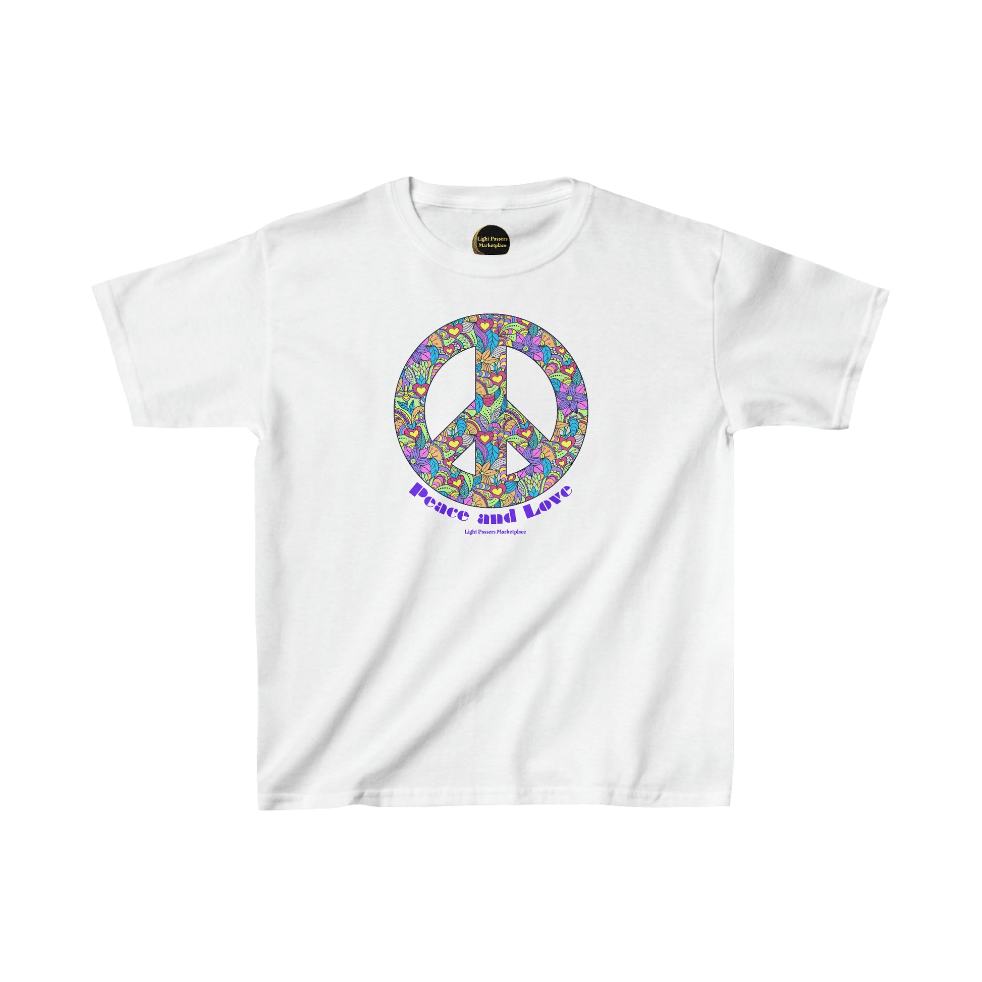 A white youth t-shirt featuring a peace sign adorned with colorful flowers, made of 100% cotton with twill tape shoulders for durability, and a curl-resistant ribbed collar.