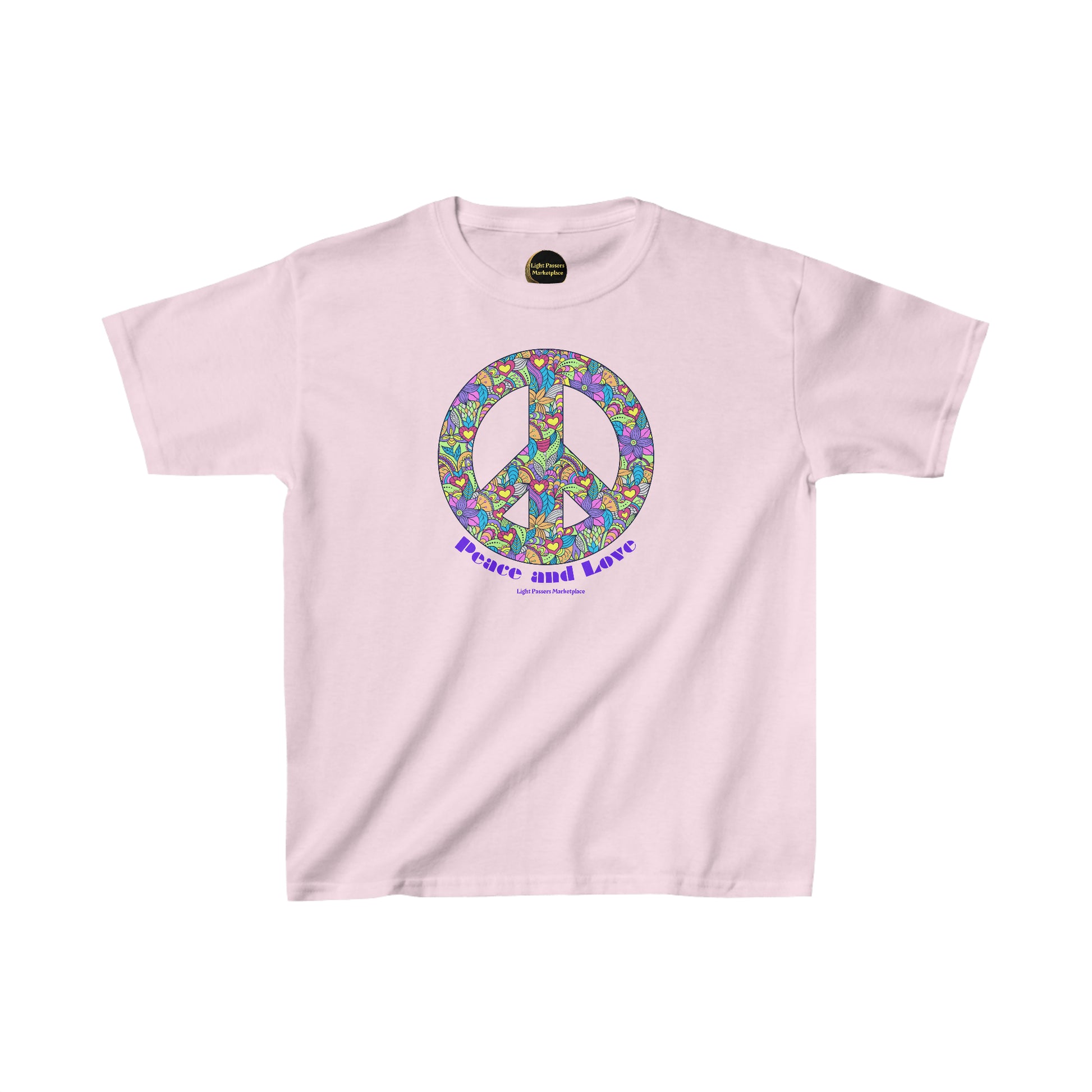 A pink youth t-shirt featuring a peace sign adorned with flowers and hearts. Made of 100% cotton, with twill tape shoulders for durability and curl-resistant collar. Ethically sourced US cotton.