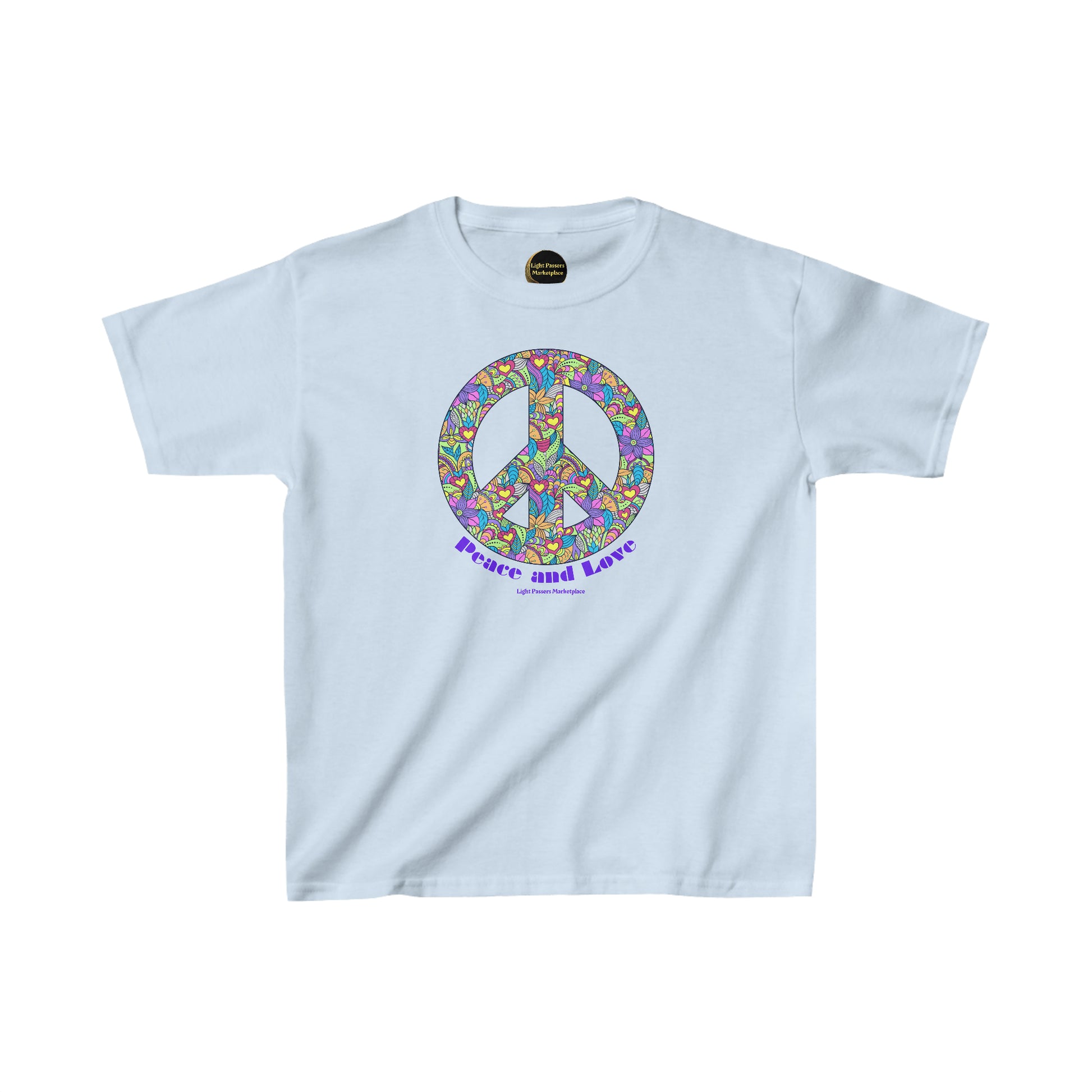 Youth heavy cotton t-shirt featuring a peace sign adorned with flowers and hearts. Made of 100% cotton for solid colors, with twill tape shoulders for durability and curl-resistant collar. Ethically sourced US cotton.