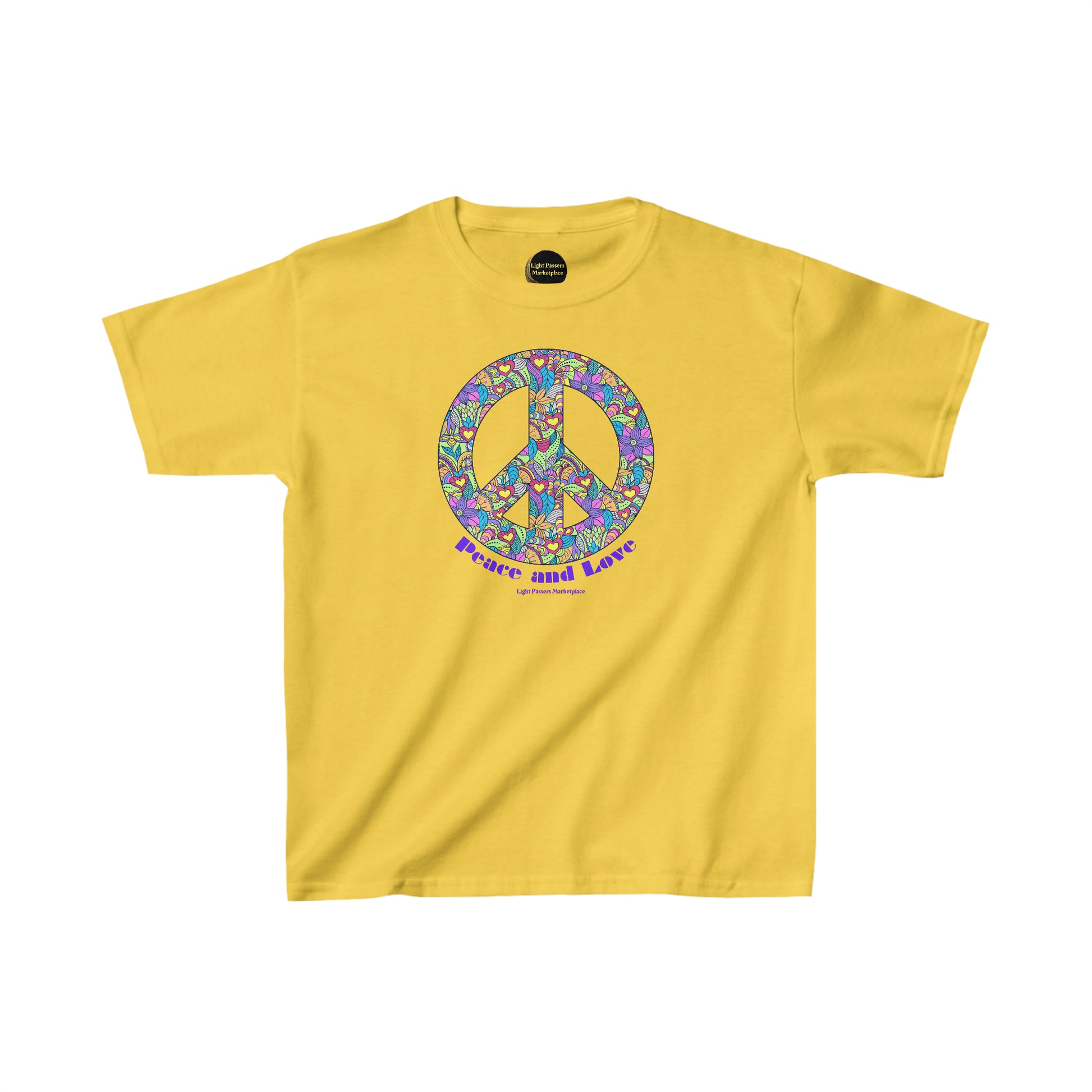 A yellow youth t-shirt featuring a peace sign adorned with flowers and hearts. Made of 100% cotton, with twill tape shoulders for durability and a curl-resistant collar. Ethically sourced US cotton.