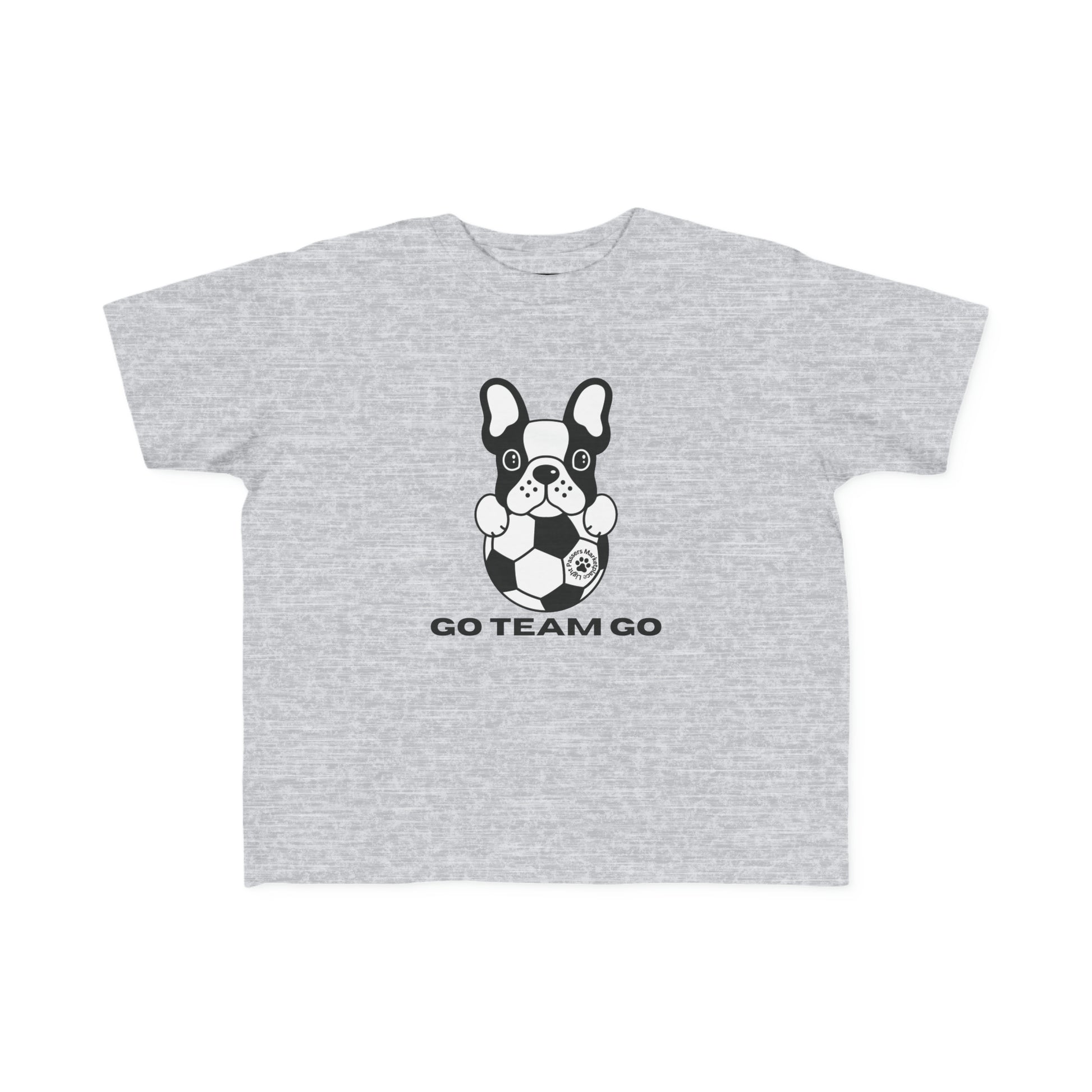 A toddler's Soccer Dog Go Team Go t-shirt featuring a black and white dog with a football, made of soft, durable cotton with a high-quality print.