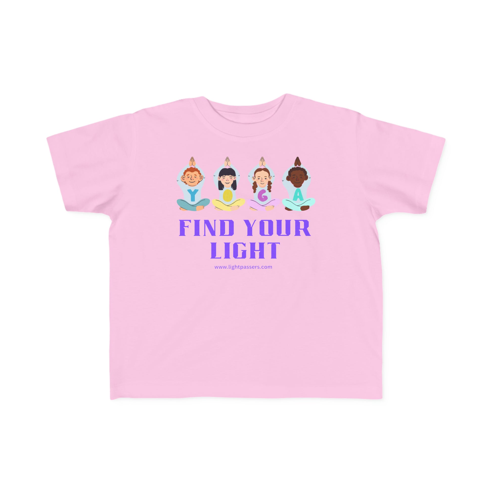 A toddler's pink t-shirt featuring cartoon characters in yoga poses. Made of soft, 100% combed cotton, with a durable print and tear-away label. Ideal for little ones' sensitive skin.