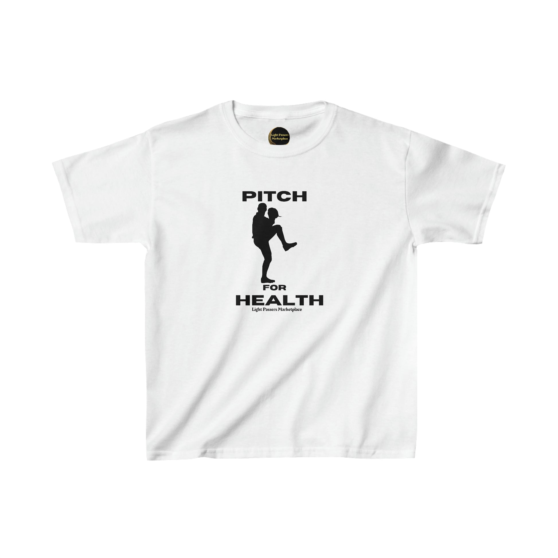 A white youth cotton t-shirt featuring a black and white image of a baseball player, ideal for everyday wear. Made of 100% cotton with twill tape shoulders and curl-resistant collar for durability. Ethically sourced US cotton.