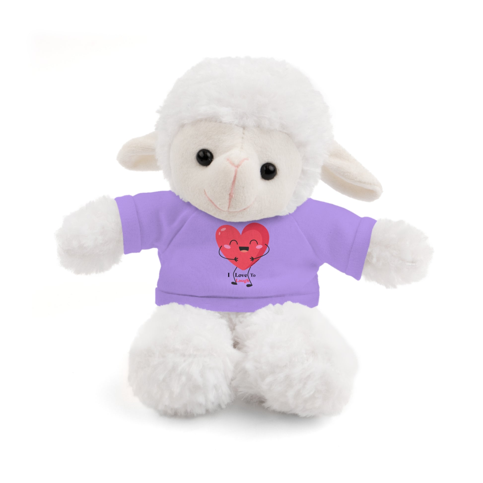 Cool Stuff Stuffies plush toy wearing an I Love to Laugh heart shirt, available in six animal options with a removable customizable T-shirt.