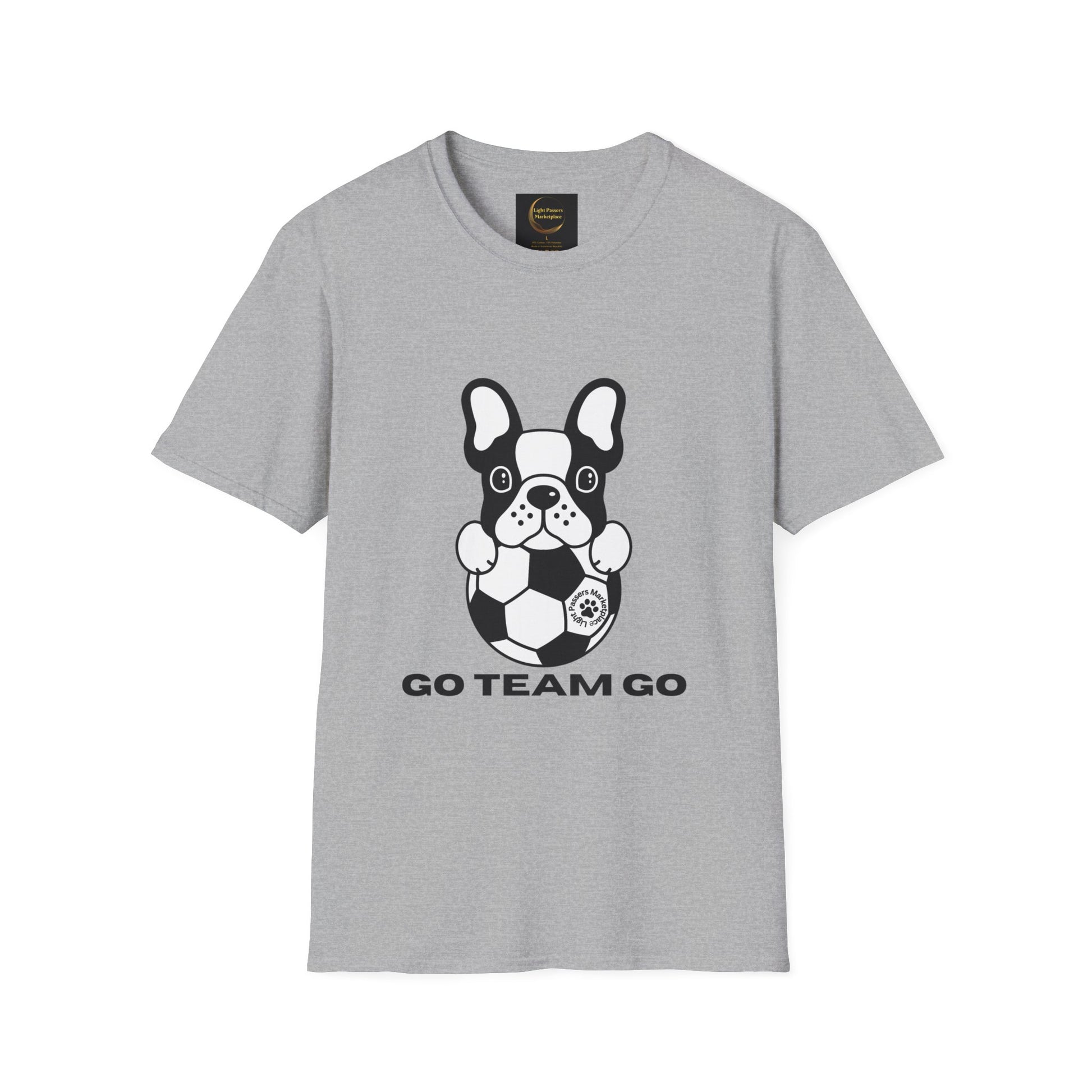 A grey unisex t-shirt featuring a dog playing soccer, made of soft 100% ring-spun cotton with twill tape shoulders for durability. Classic fit with crew neckline, tear-away label, and ethical US cotton.