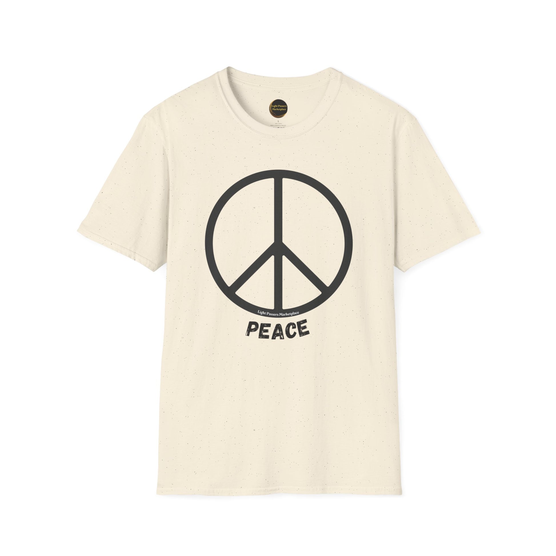 A white unisex t-shirt featuring a peace sign symbol. Made from soft 100% cotton with twill tape shoulders for durability. Classic fit with ribbed crew neckline for versatile style.