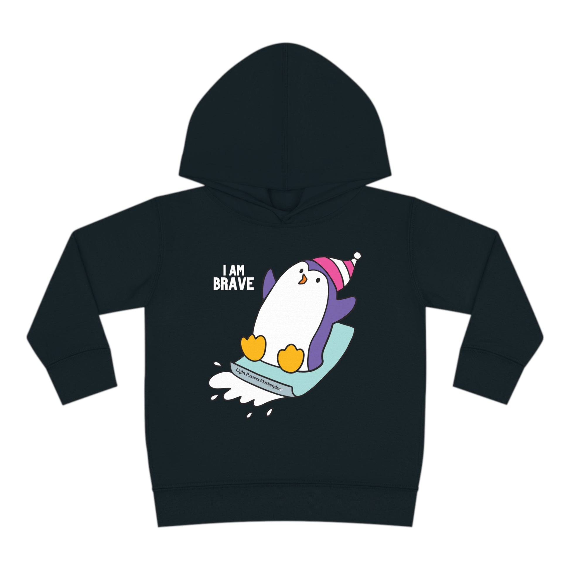 A Rabbit Skins toddler hoodie featuring a brave penguin design, with jersey-lined hood, cover-stitched details, side-seam pockets, and durable construction for lasting coziness.