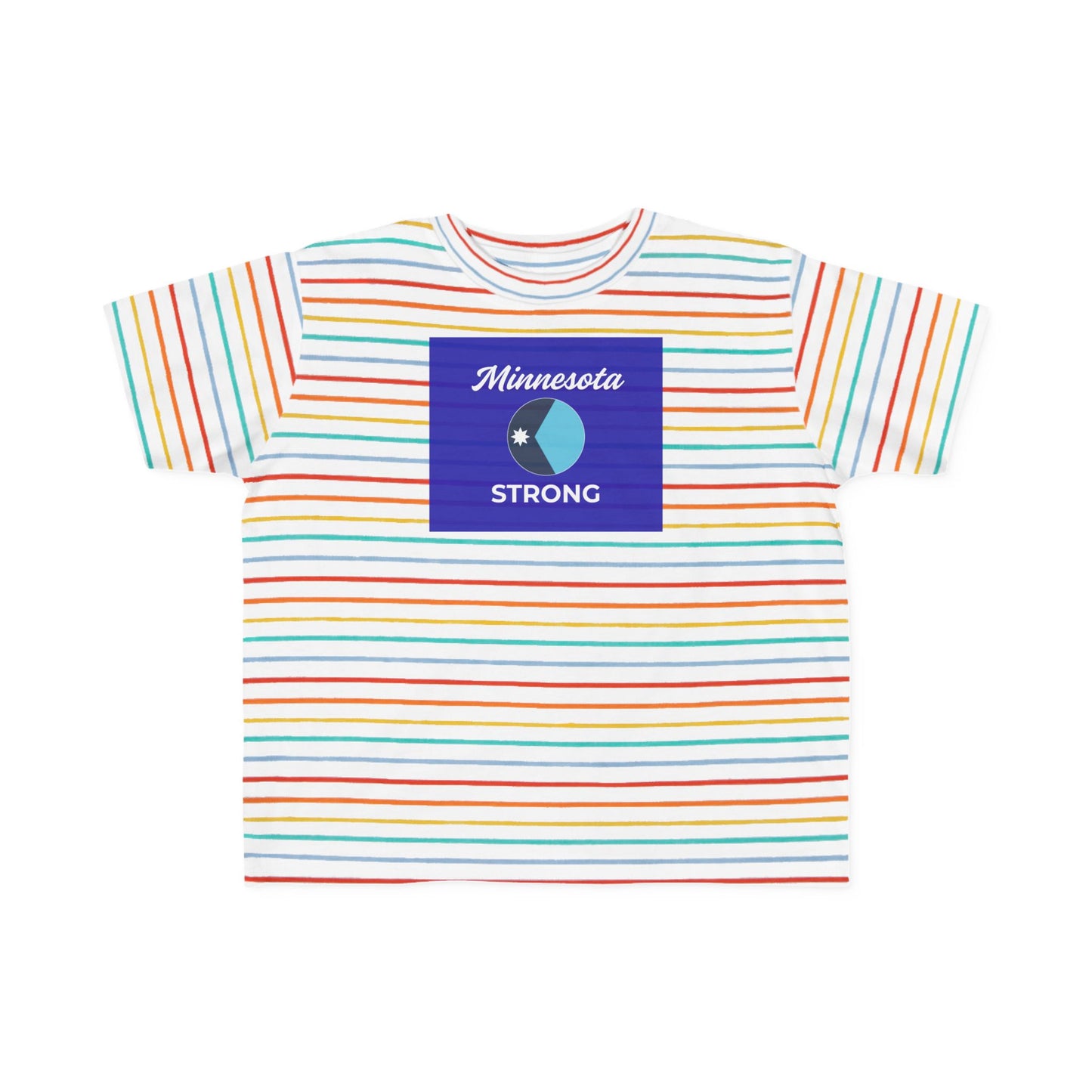 Minnesota Strong toddler tee with colorful stripes, blue square graphic, and Minnesota STRONG text; soft, breathable for active play.
