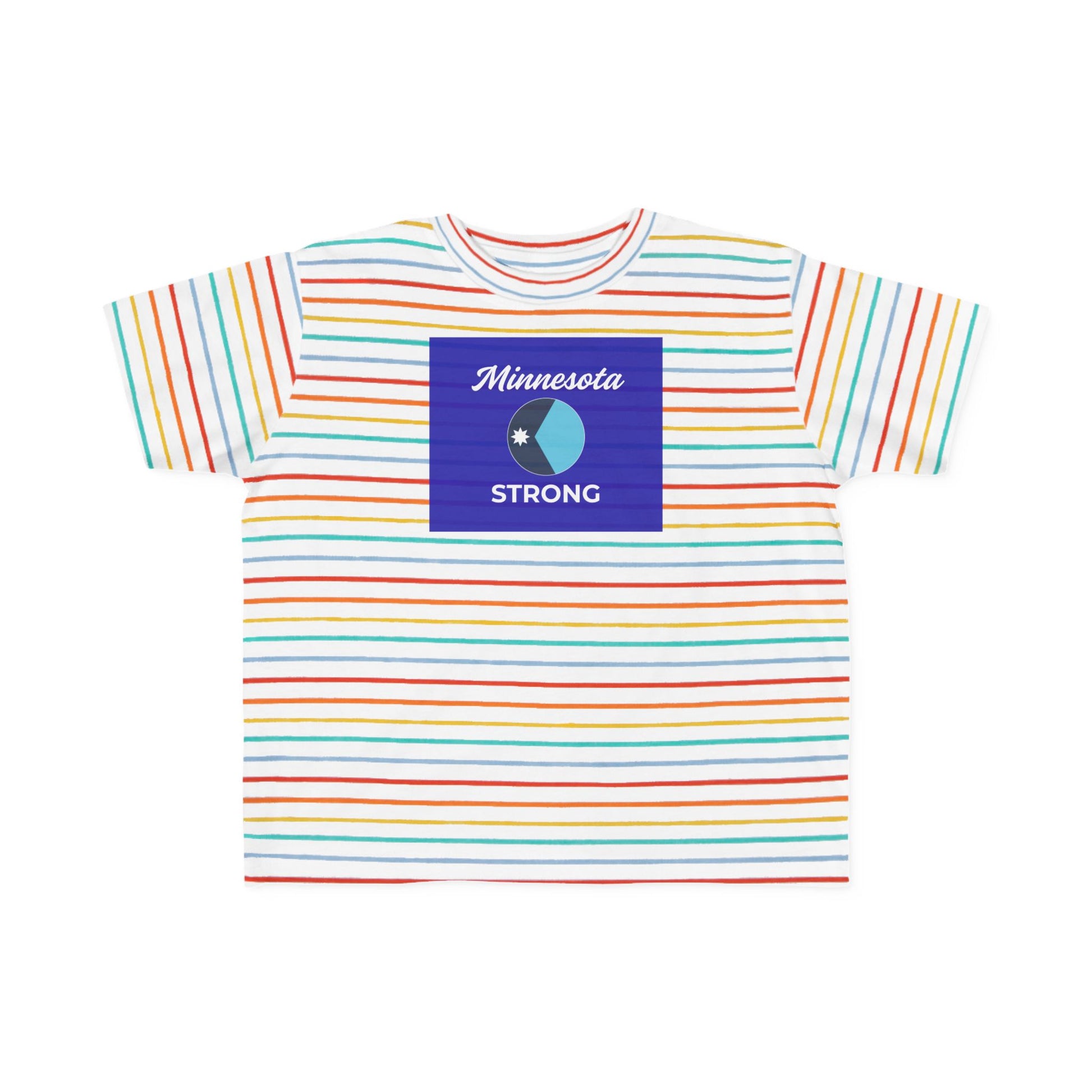Minnesota Strong toddler tee with colorful stripes, blue square graphic, and Minnesota STRONG text; soft, breathable for active play.