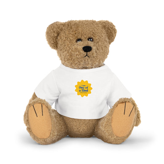 Stuffed Bear with One of a Kind T-Shirt, featuring a yellow star and blue text, perfect for gifting. Plush toy with removable shirt for easy cleaning.