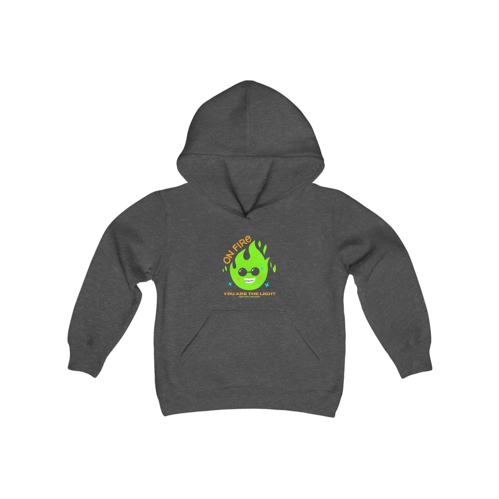 A grey hoodie featuring a green fire logo, made of soft preshrunk fleece with kangaroo pocket and twill taping. Youth blend hooded sweatshirt for comfort and style.