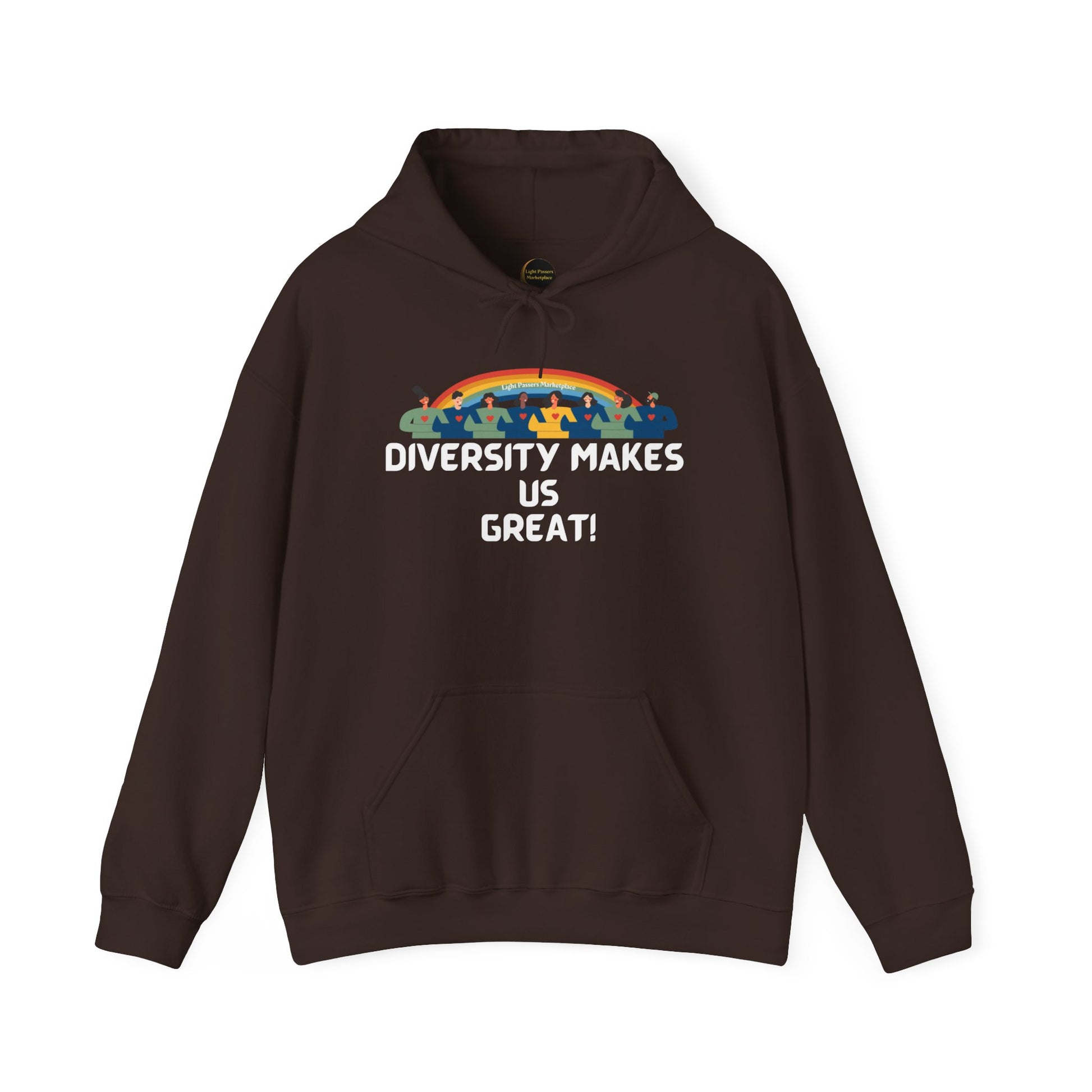 A brown hooded sweatshirt featuring a rainbow design, kangaroo pocket, and color-matched drawstring. Made of 50% cotton and 50% polyester for a cozy, warm feel. Ethically crafted with a classic fit.