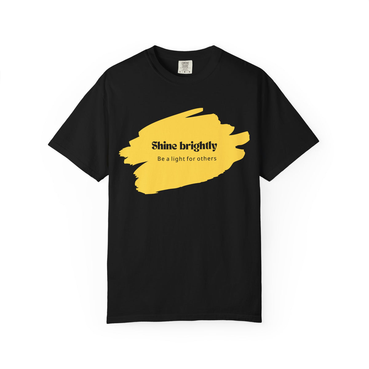 Black unisex T-shirt with yellow paint-splash graphic and “Shine brightly” text
