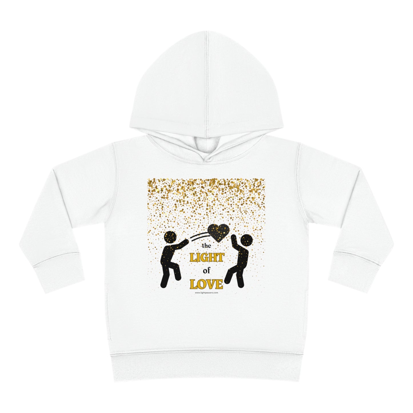 A Rabbit Skins toddler hoodie featuring a gold heart design with people dancing, embodying love and joy. Jersey-lined hood, cover-stitched details, and side seam pockets for comfort and durability.