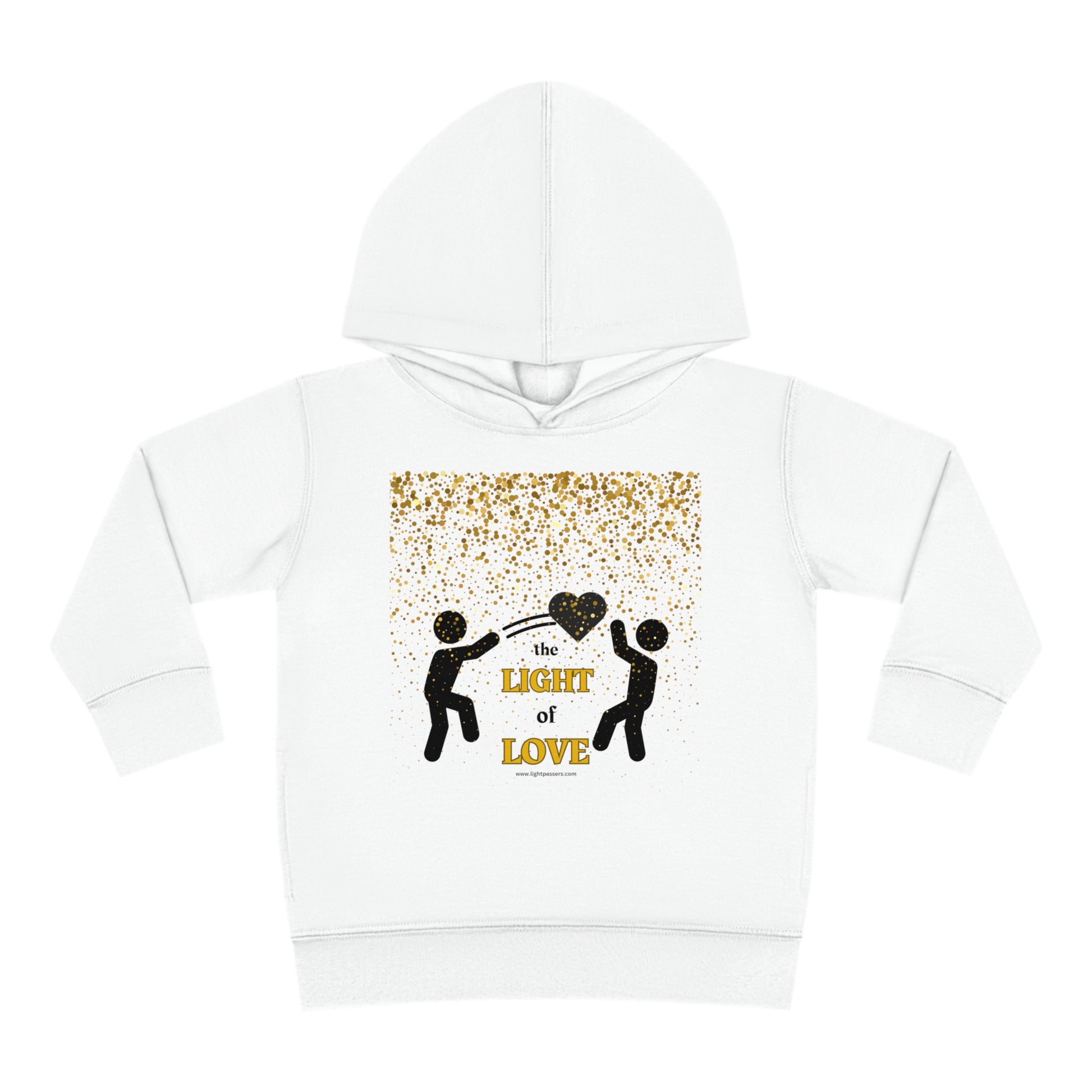 A Rabbit Skins toddler hoodie featuring a gold heart design with people dancing, embodying love and joy. Jersey-lined hood, cover-stitched details, and side seam pockets for comfort and durability.