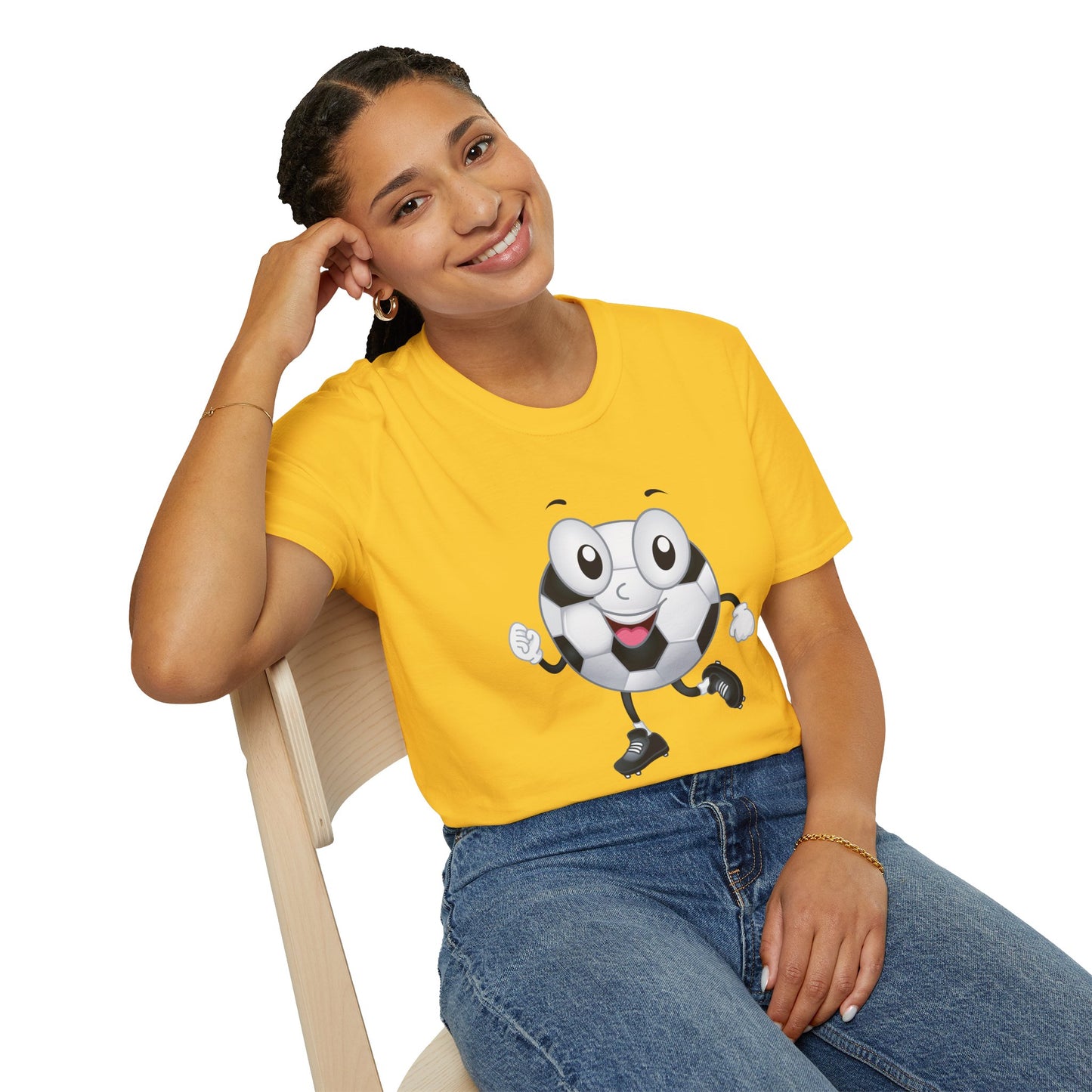Adult Unisex Cute 'Go Team Go' Soccer T-Shirt — Soccer Ball Guy Cartoon SoccerTee (Great Gift)