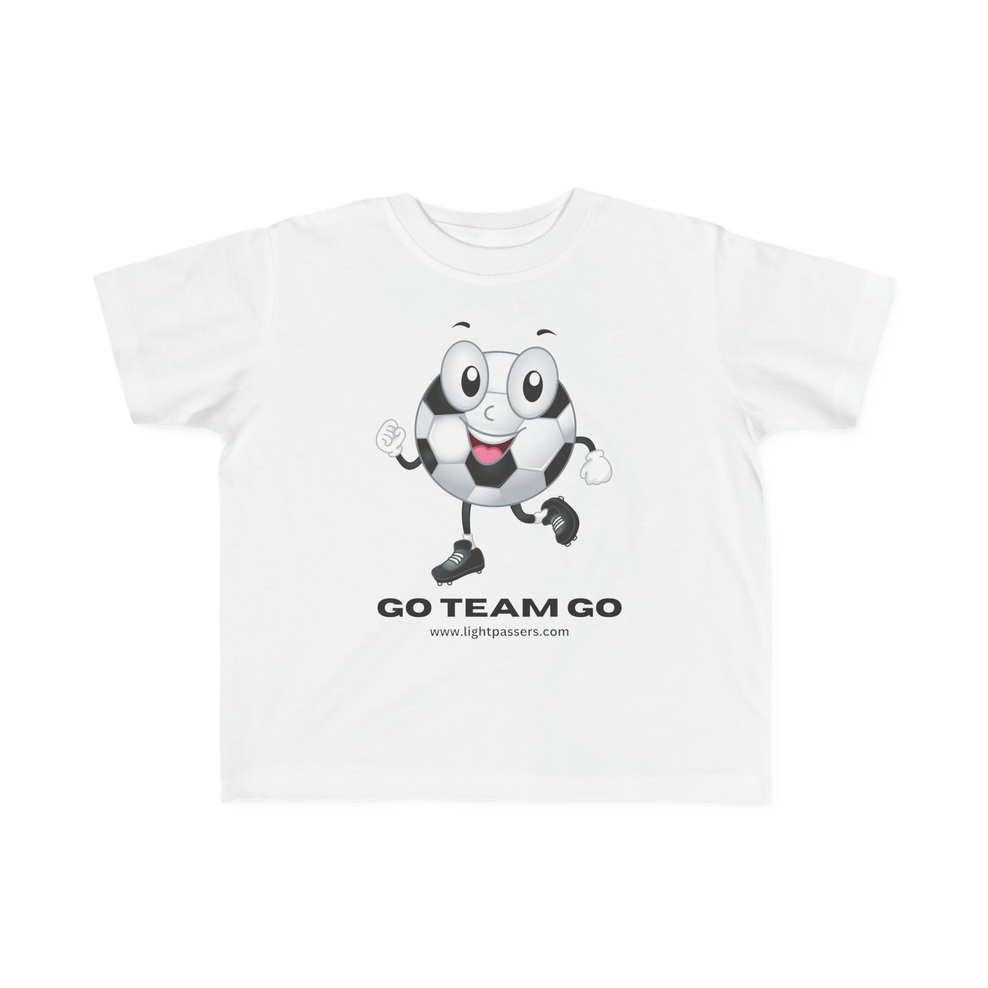 A white toddler t-shirt featuring a cartoon football ball print. Made of soft, durable 100% combed cotton, perfect for sensitive skin. Classic fit, tear-away label, ideal for little adventurers.