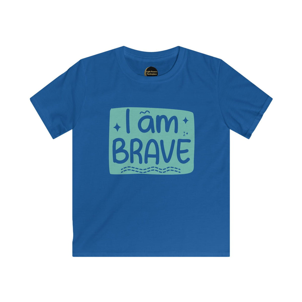 Royal blue kids graphic T-shirt with 'I am BRAVE' slogan in teal rectangle