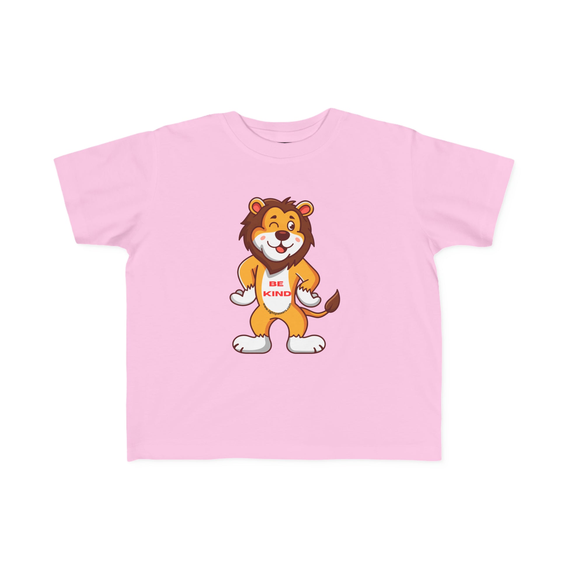 A toddler's tee featuring a cartoon lion design, soft 100% combed cotton, durable print, and tear-away label. Classic fit, 4.5 oz light fabric. Be Kind Lion Toddler T-shirt.