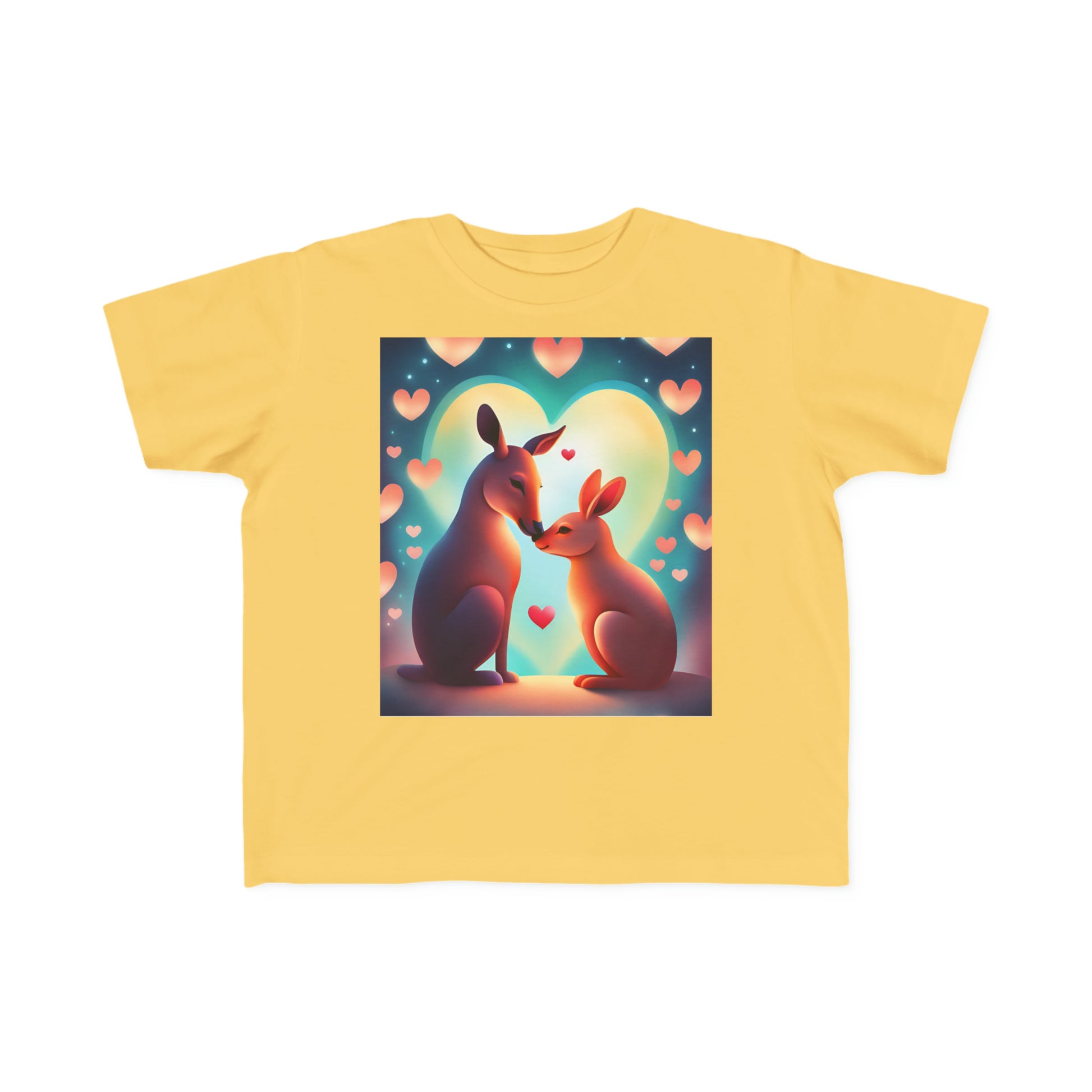 Yellow toddler's tee with two kangaroos embracing in front of hearts, embodying love and tenderness. Soft 100% combed cotton, durable print, tear-away label, classic fit. Ideal for sensitive skin.