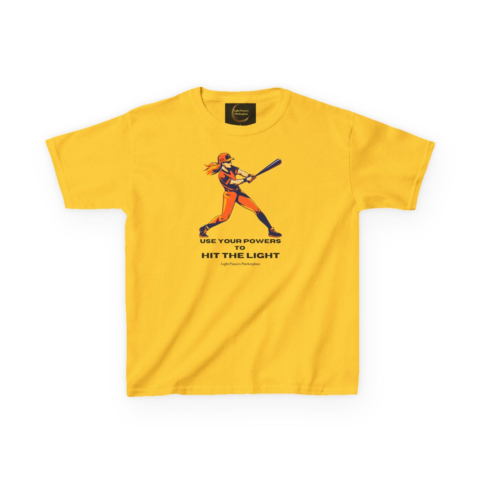 Bright yellow Kids Heavy Cotton T-shirt featuring a female baseball player graphic with the slogan “USE YOUR POWERS TO HIT THE LIGHT,” from Light Passers Marketplace.