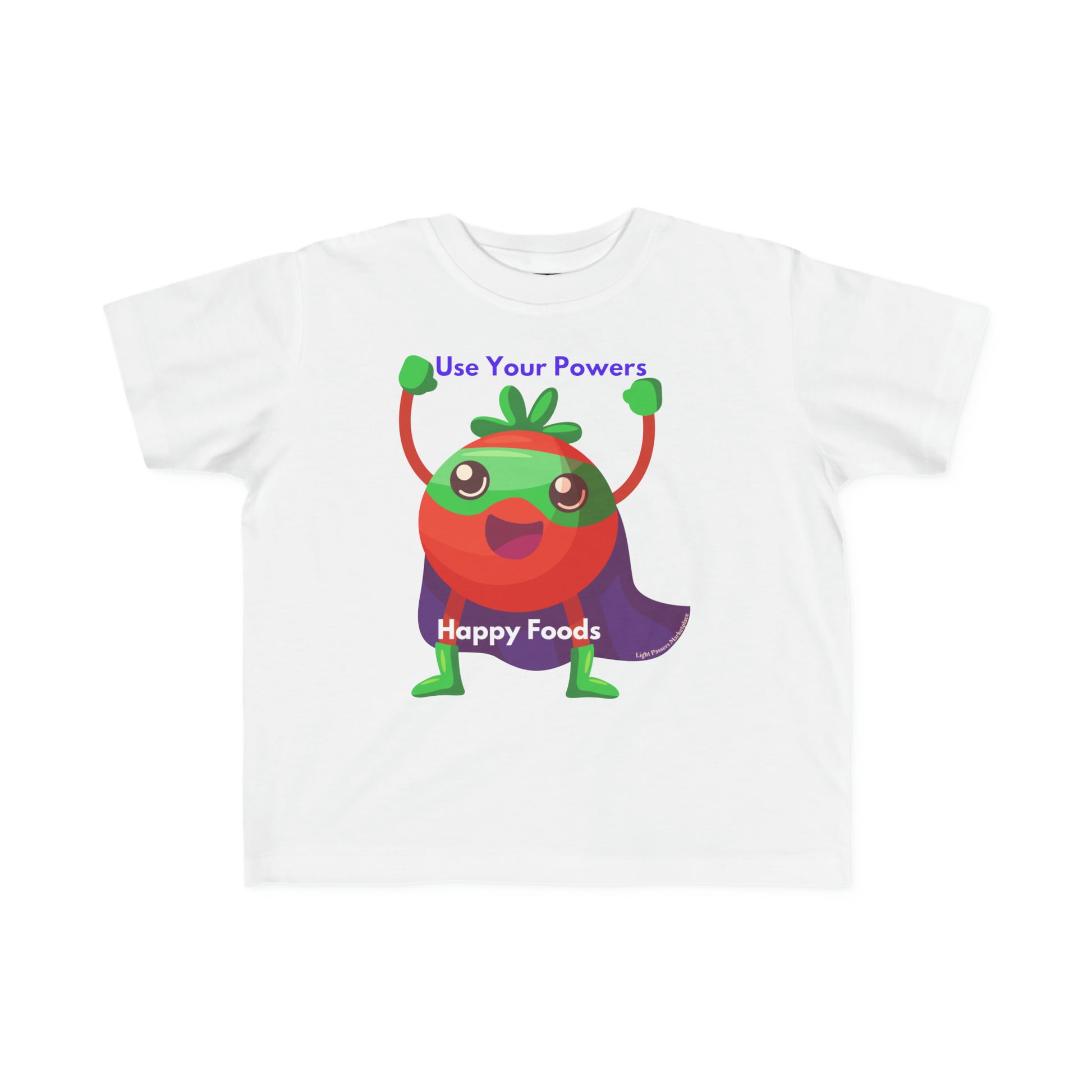 A white toddler t-shirt featuring a cartoon superhero fruit design, ideal for sensitive skin. Made of 100% combed, ring-spun cotton with a durable print. Classic fit, tear-away label, and lightweight fabric.