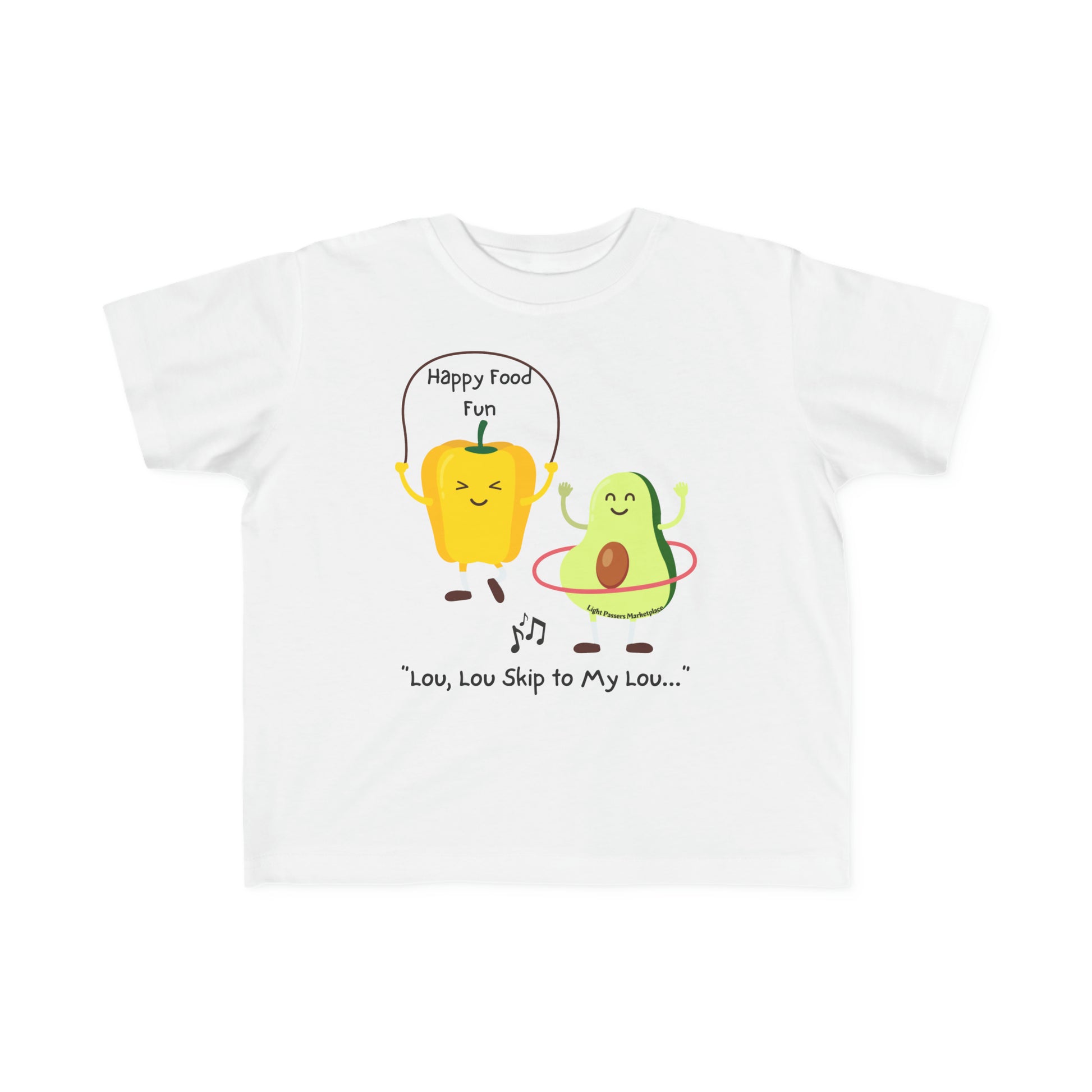 A Skip To My Lou Toddler T-shirt featuring cartoon characters of vegetables exercising on a white shirt. Made of soft 100% combed cotton, light fabric, tear-away label, and a classic fit.