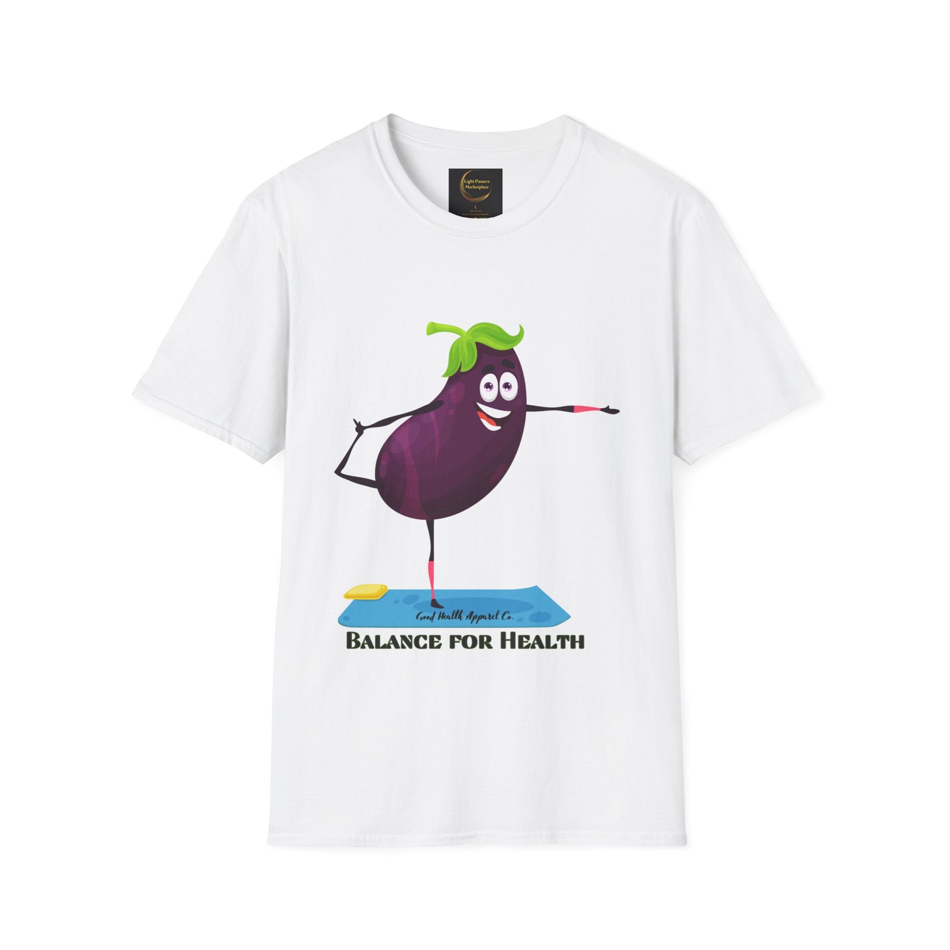 A white unisex t-shirt featuring a cartoon eggplant design, made of soft 100% cotton with twill tape shoulders, no side seams, and a ribbed collar. Ethically produced with ring-spun cotton.