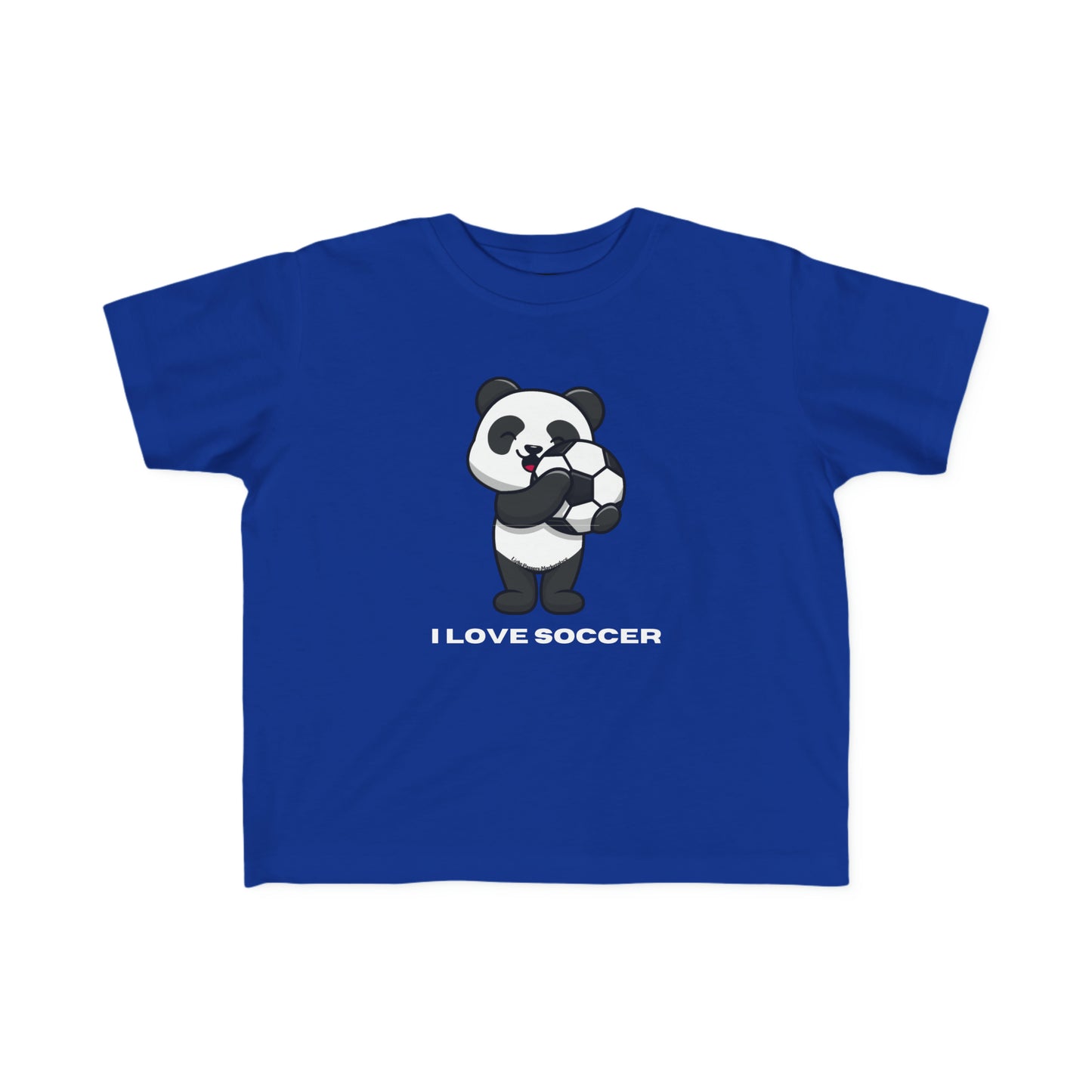 A toddler's blue tee featuring a cartoon panda with a football, crafted from 100% soft, durable cotton. Perfect for sensitive skin and first adventures.