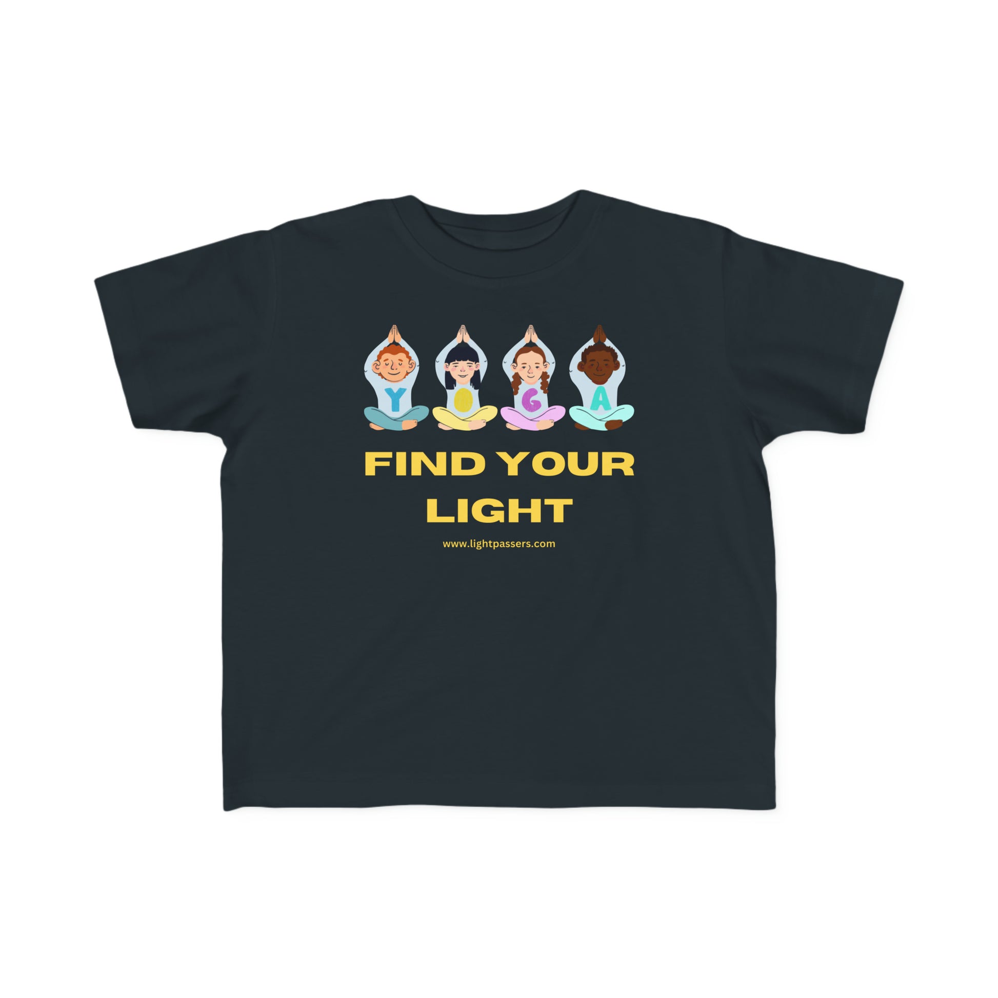 A toddler's t-shirt featuring a group of kids in yoga poses, a boy and a girl cartoon, and a black and yellow sign. Made of 100% combed cotton, light fabric, tear-away label, and a classic fit.