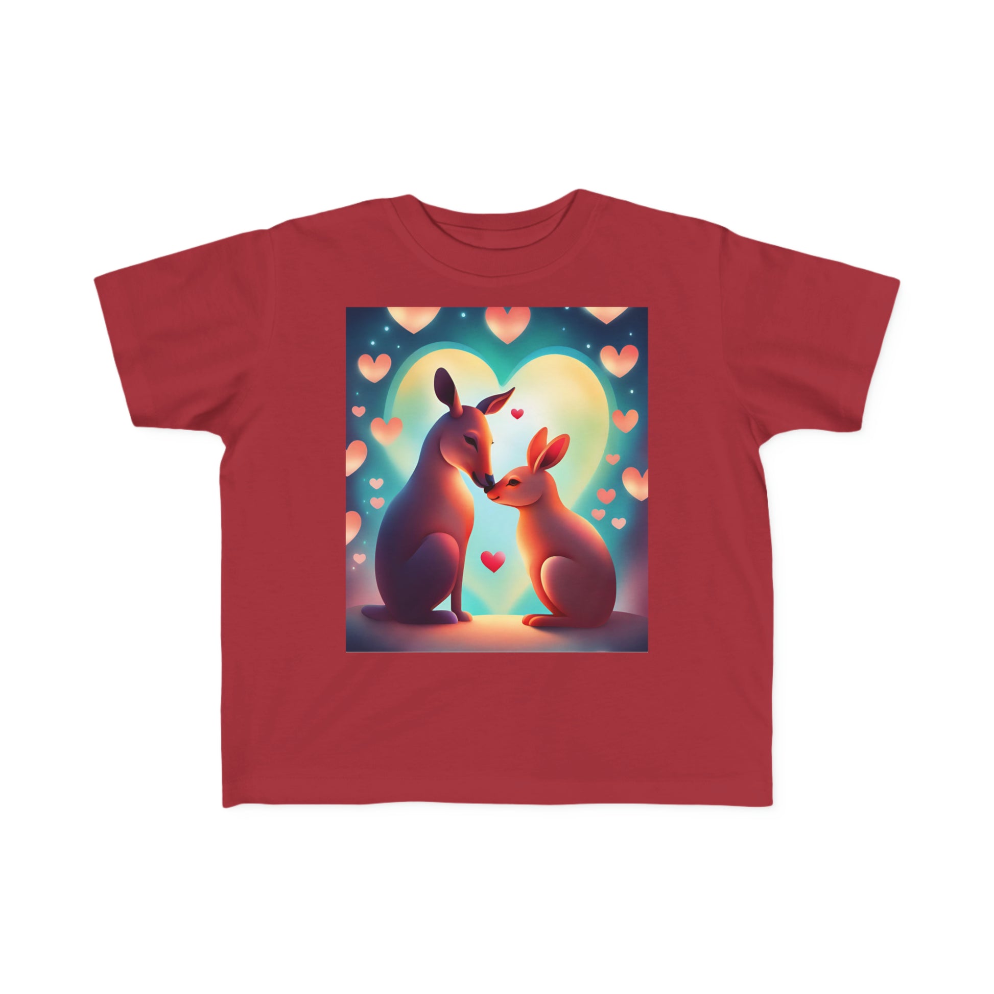 A red toddler's shirt featuring two kangaroos in a playful cartoon style. Made of soft, durable cotton, ideal for sensitive skin. Perfect for little adventurers.