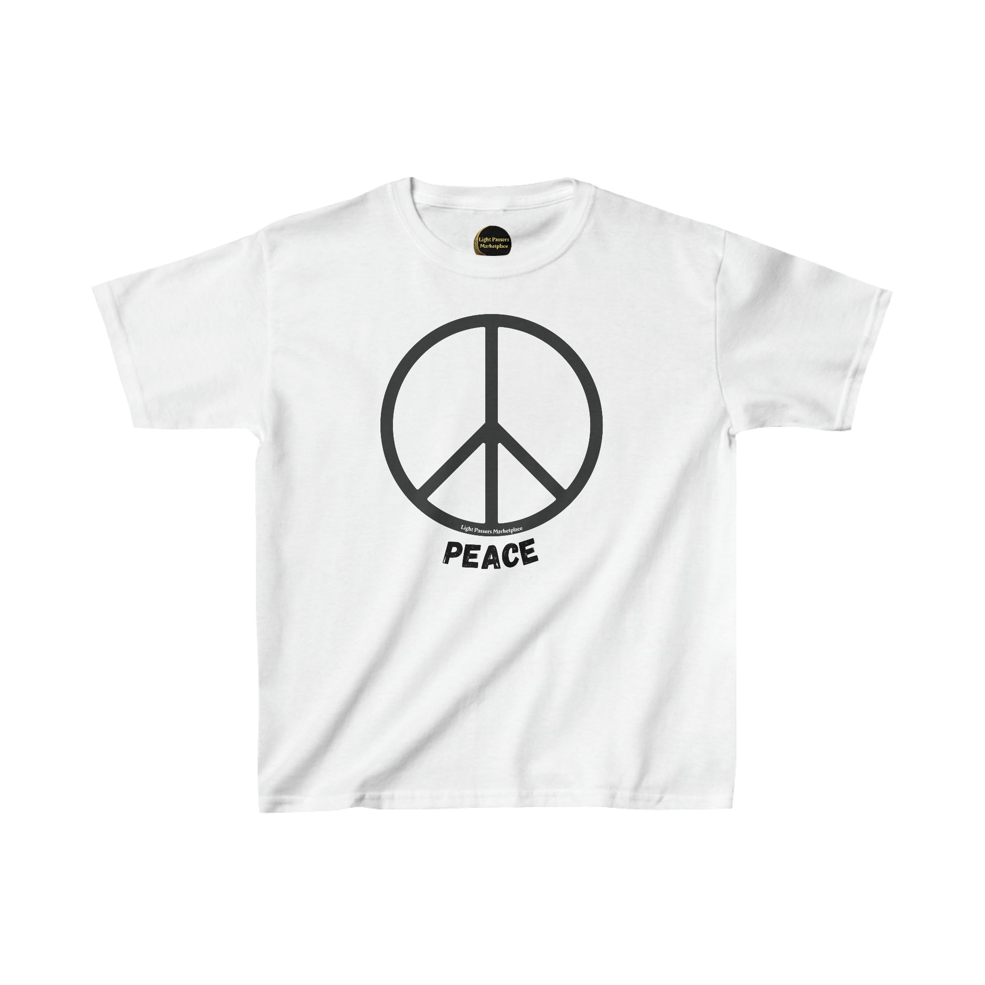 A youth white T-shirt featuring a peace symbol, made of 100% cotton with twill tape shoulders and ribbed collar. Ethically sourced and durable for everyday wear.