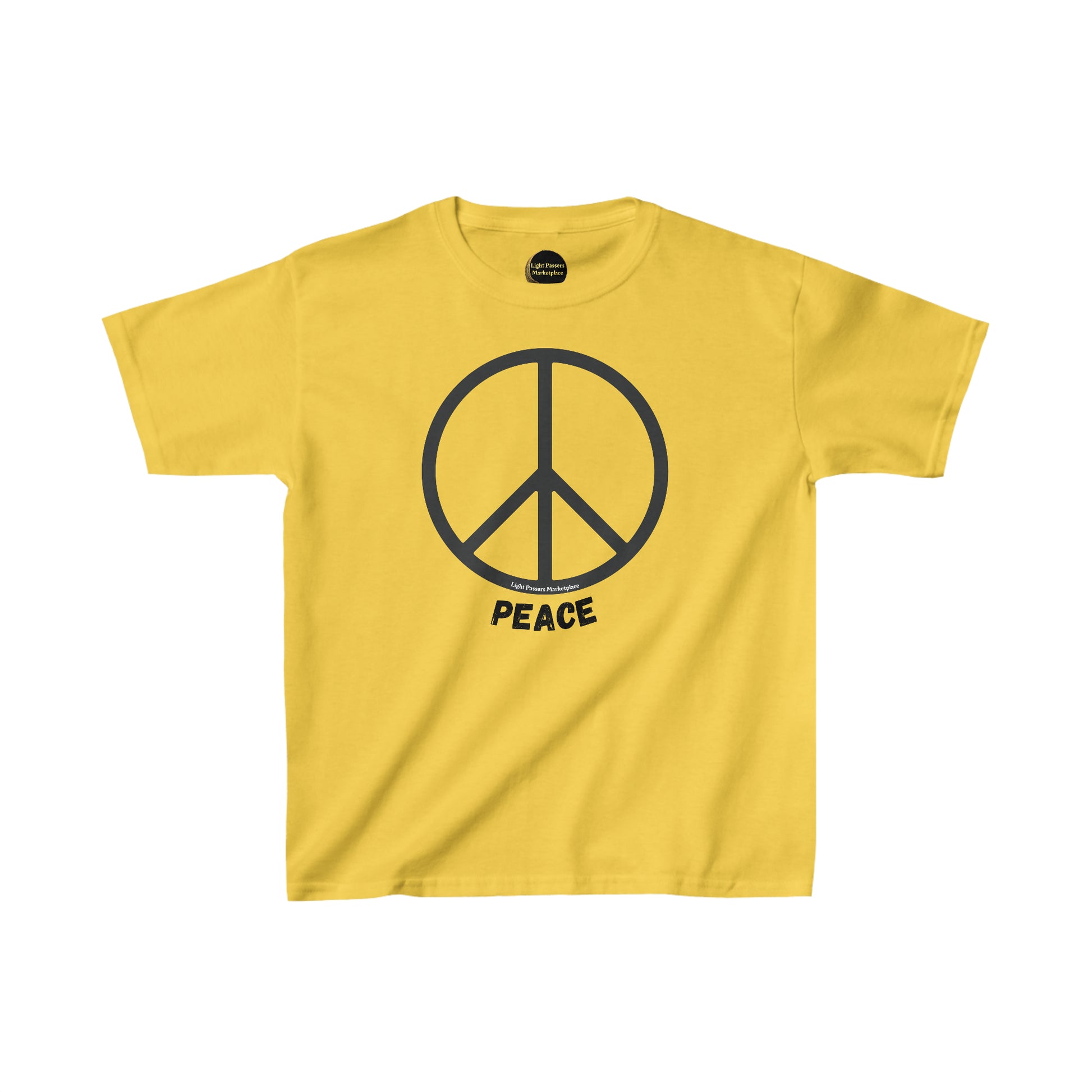 Youth yellow shirt with peace sign, 100% cotton, durable twill tape shoulders, curl-resistant collar, no side seams, ethically sourced US cotton, Oeko-Tex certified, classic fit, tear-away labels.