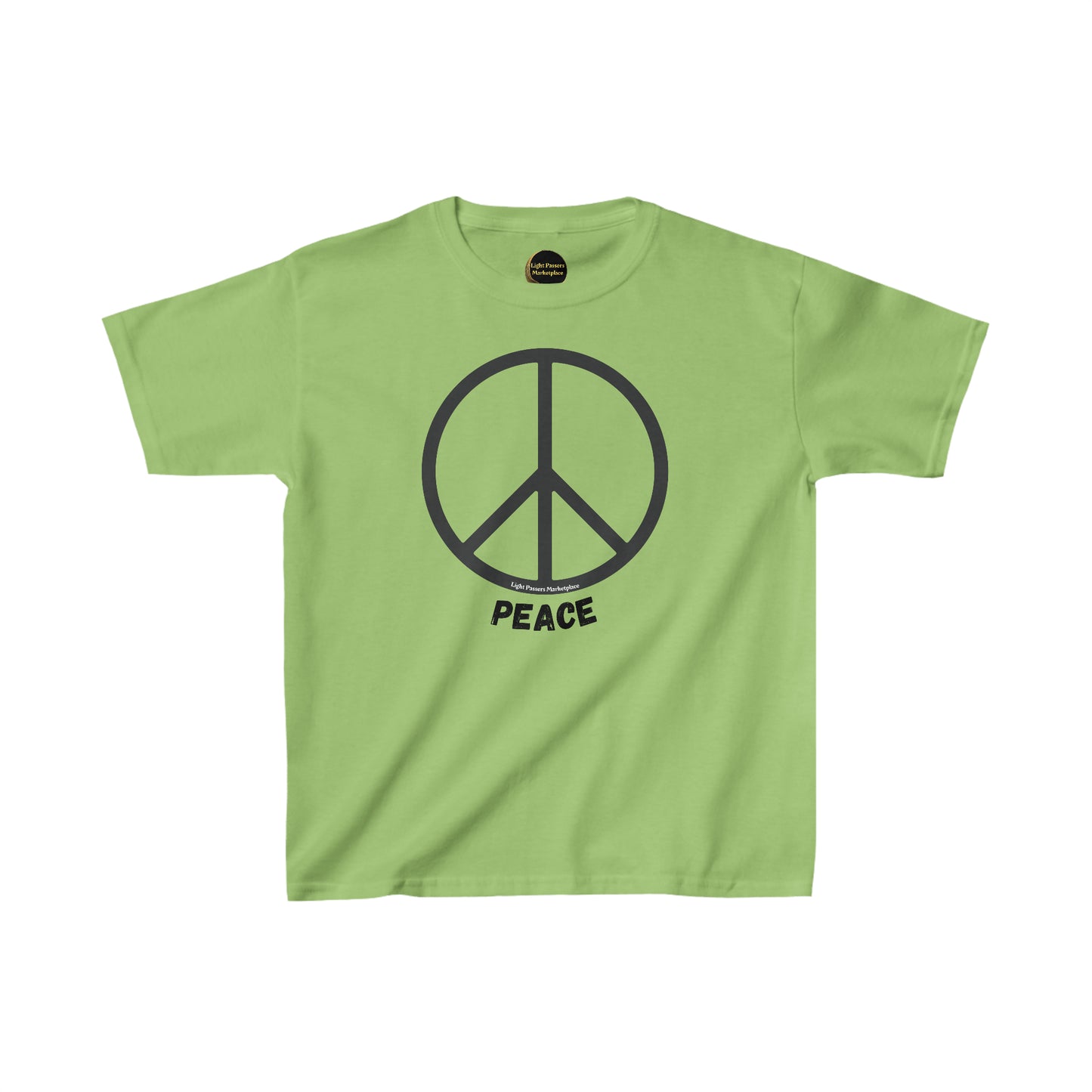 Youth green shirt with peace sign symbol, 100% cotton, durable twill tape shoulders, curl-resistant collar, no side seams, ethically made in the USA.