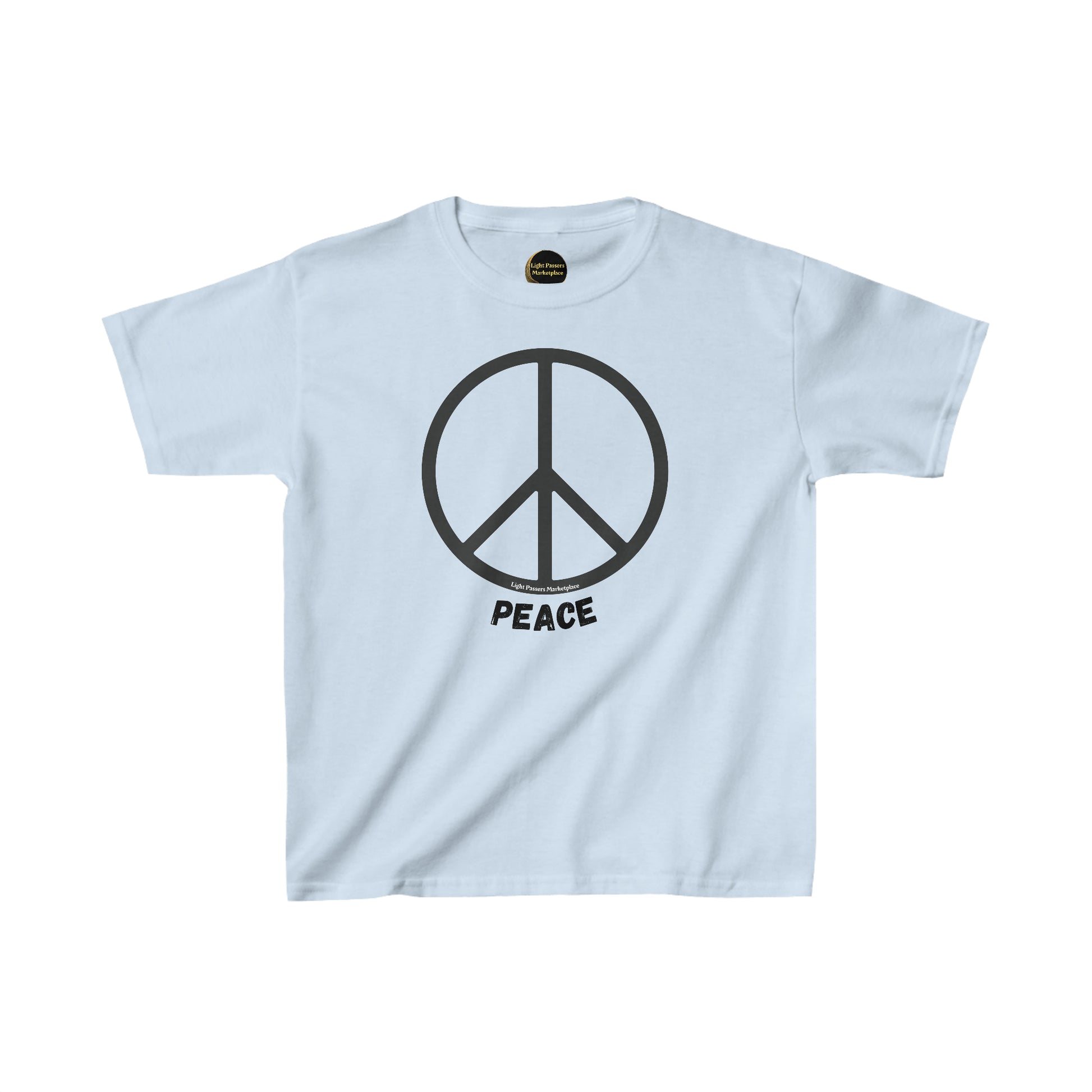 Youth white cotton tee with a peace sign symbol. Made of 100% cotton, featuring twill tape shoulders and ribbed collar. Ethically sourced and durable for everyday wear.