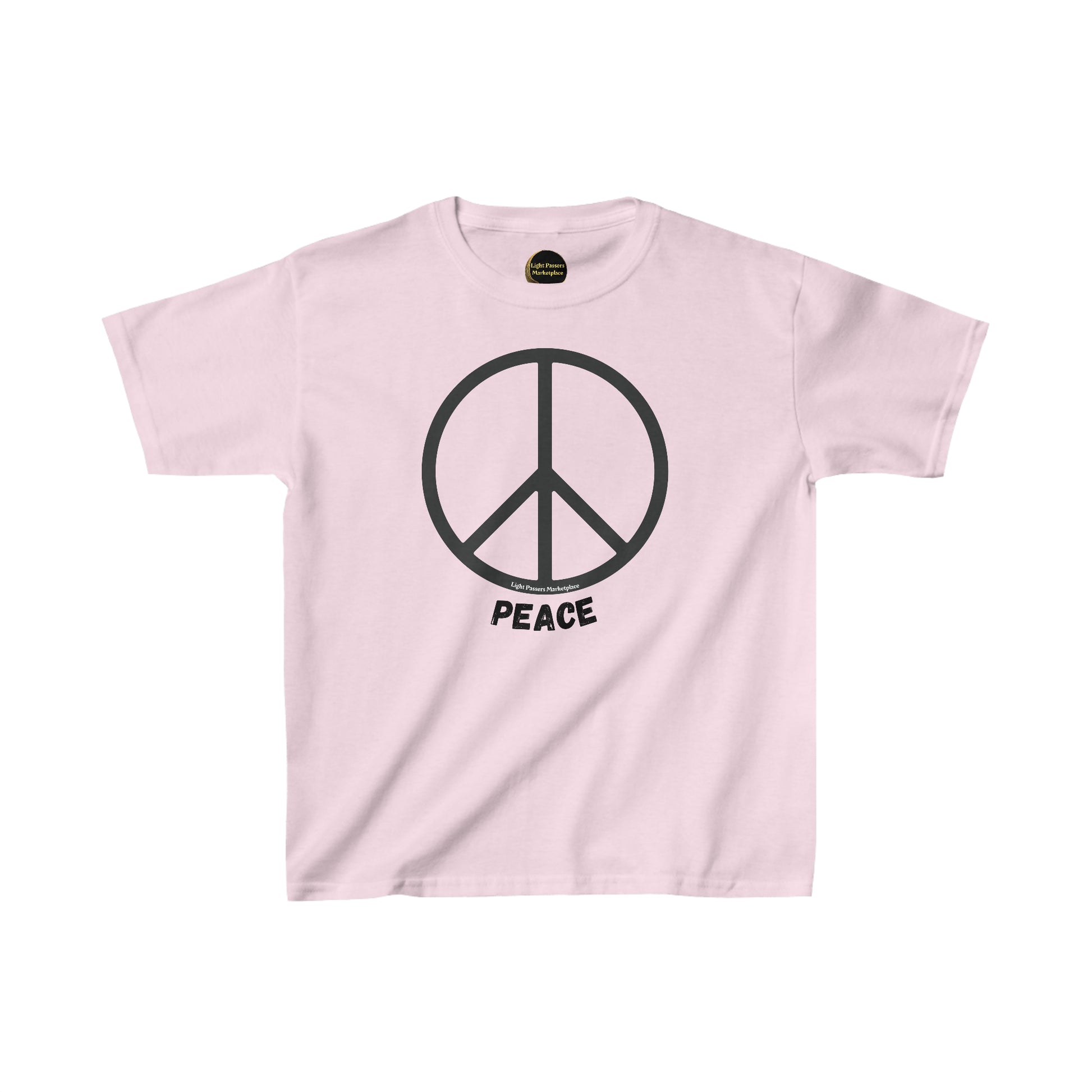 A pink youth t-shirt featuring a peace sign graphic. Made of 100% cotton with twill tape shoulders for durability and ribbed collar for curl resistance. Ethically sourced and Oeko-Tex certified.