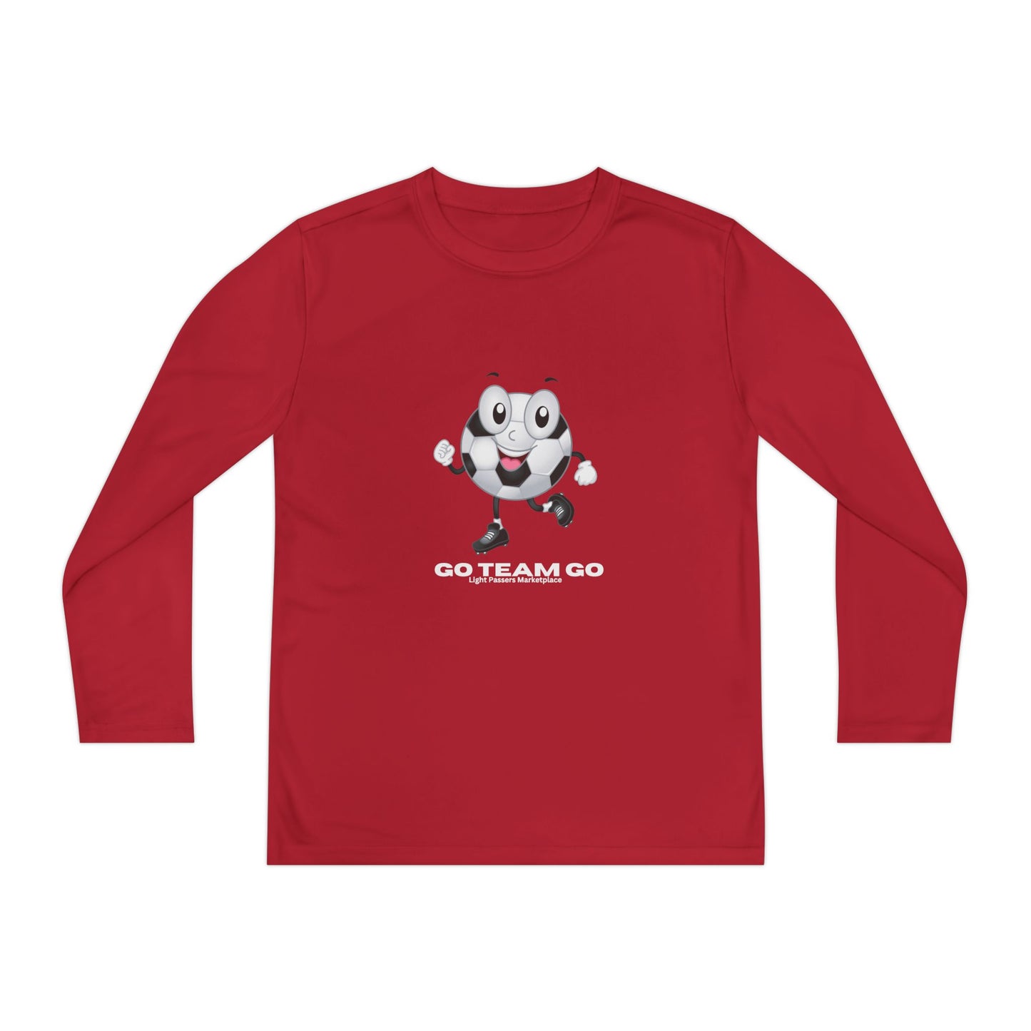 Youth Long Sleeve Soccer Ball Guy Go Team Go T-shirt with cartoon character and slogan, ideal for young soccer fans, showcasing sporty, energetic design.