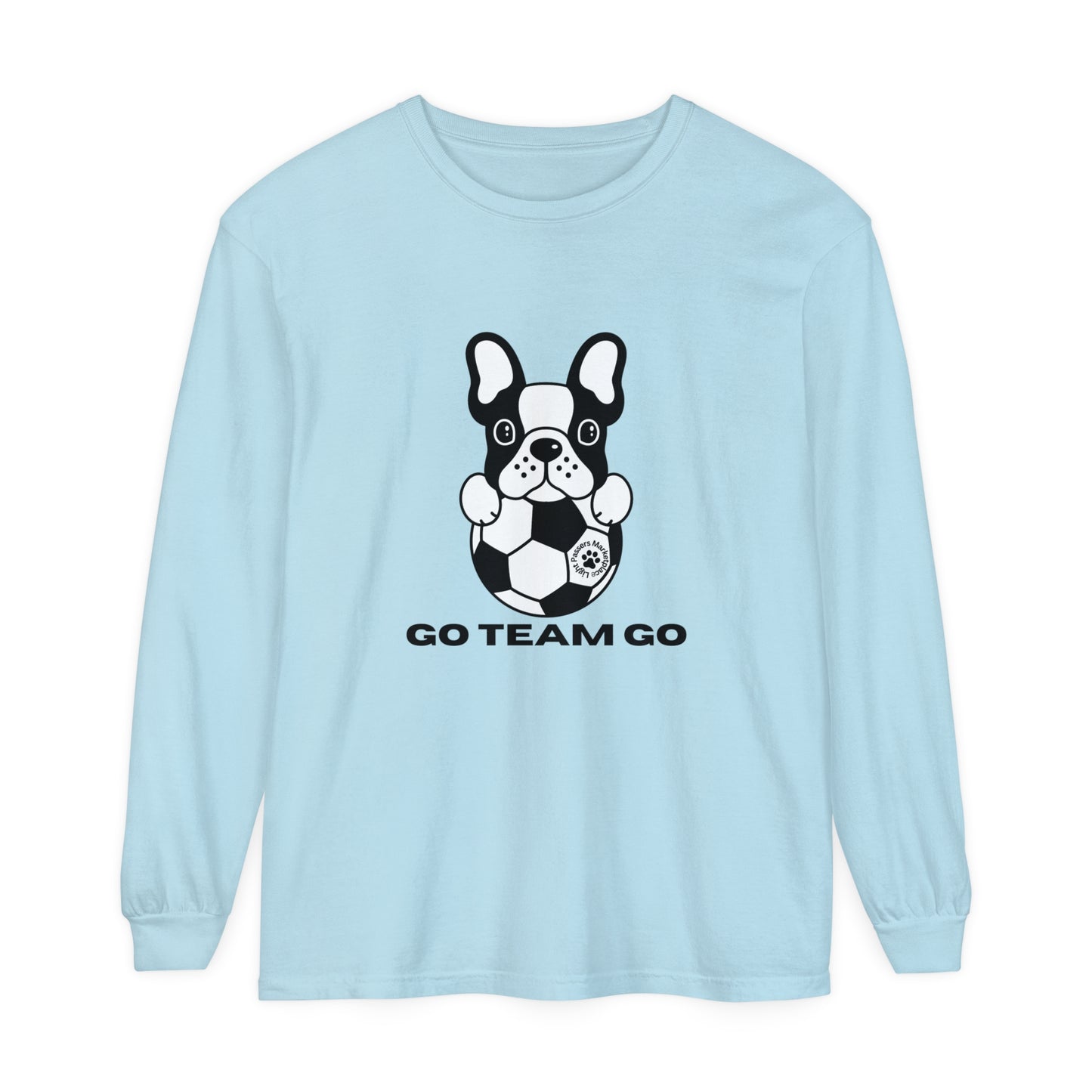 Teams Soccer Dog Adult Unisex Garment-dyed Long Sleeve featuring a black and white dog with a football, made from 100% ring-spun cotton for comfort.