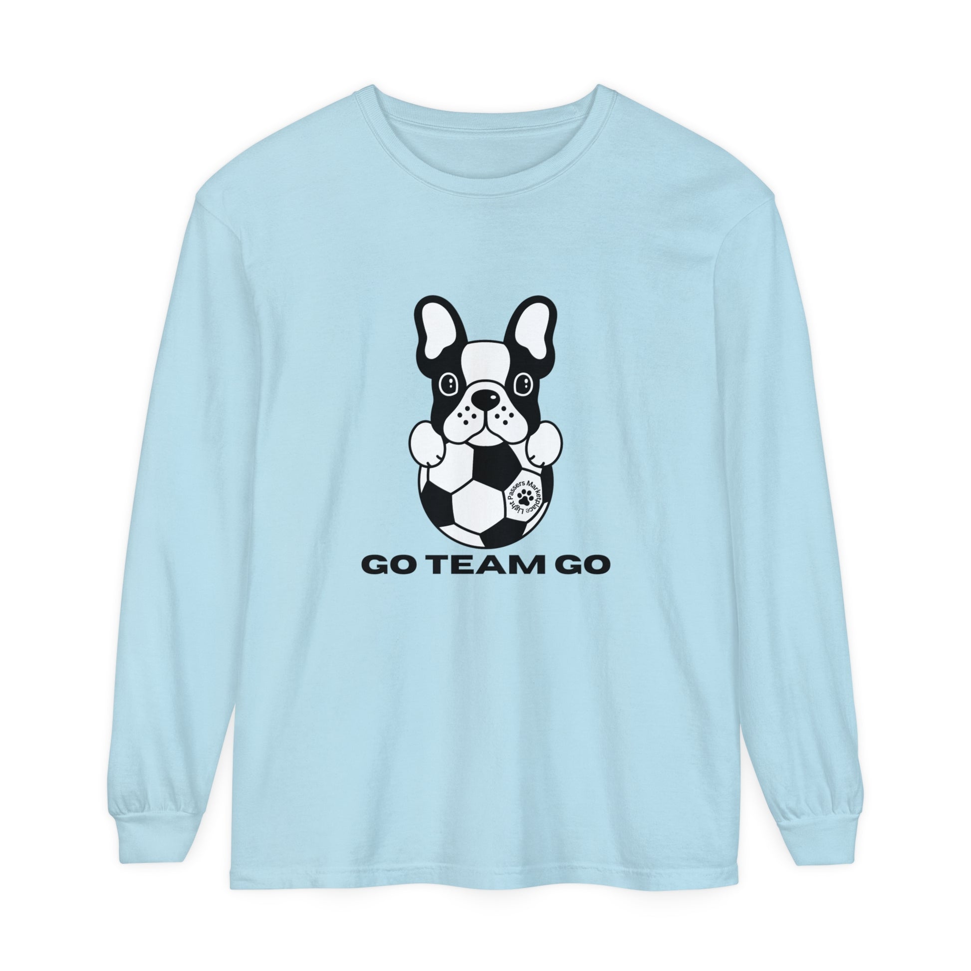 Teams Soccer Dog Adult Unisex Garment-dyed Long Sleeve featuring a black and white dog with a football, made from 100% ring-spun cotton for comfort.