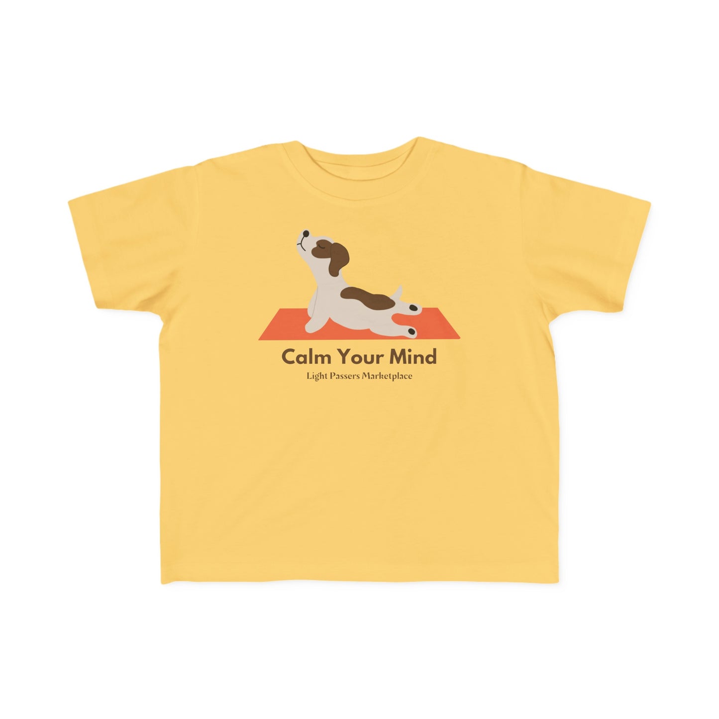 A toddler's Calm Dog T-shirt in soft, 100% combed cotton with a durable print. Light fabric, classic fit, tear-away label, true to size.